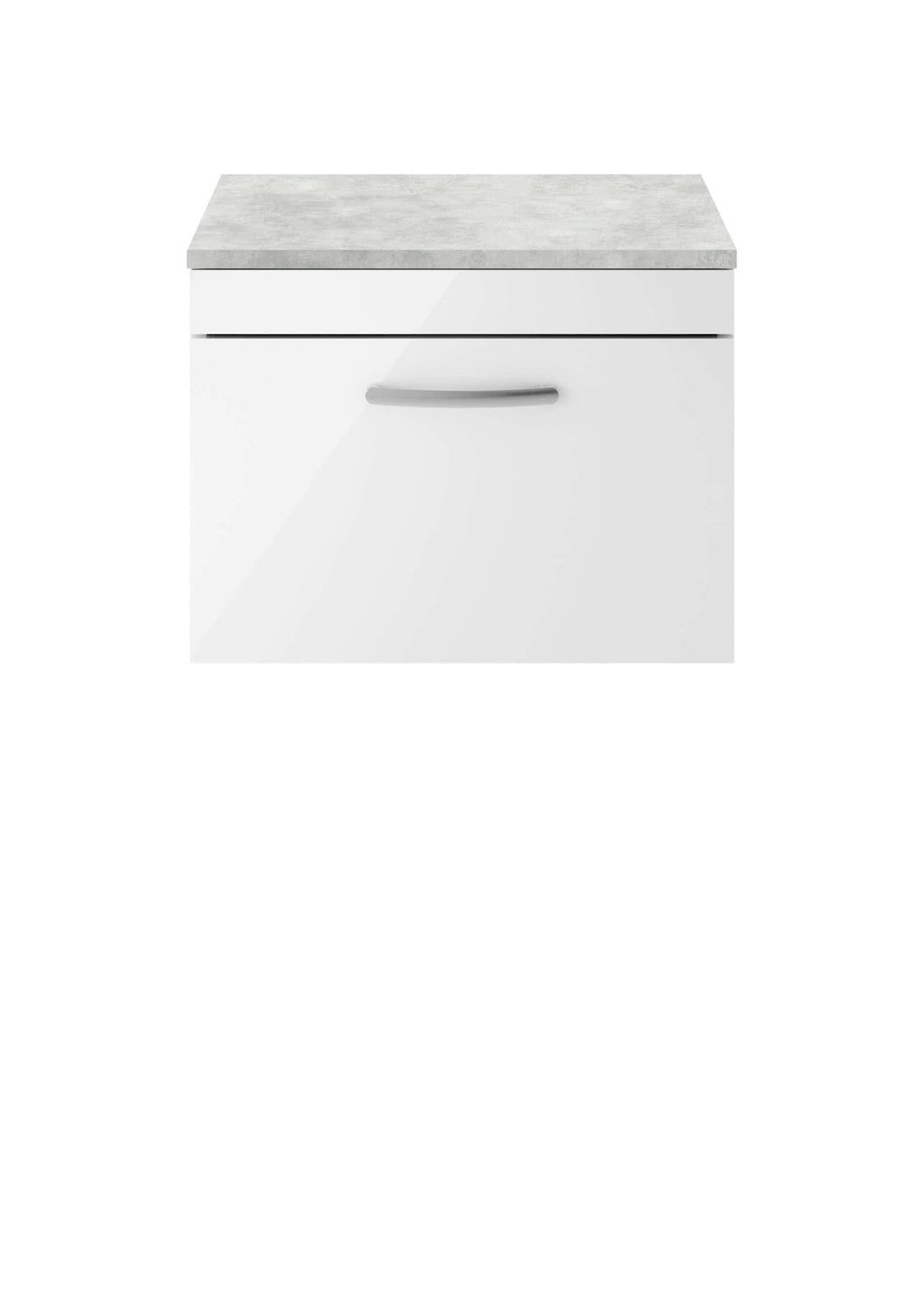 White bathroom vanity unit with a concrete effect countertop, modern storage solution for bathroom organisation.