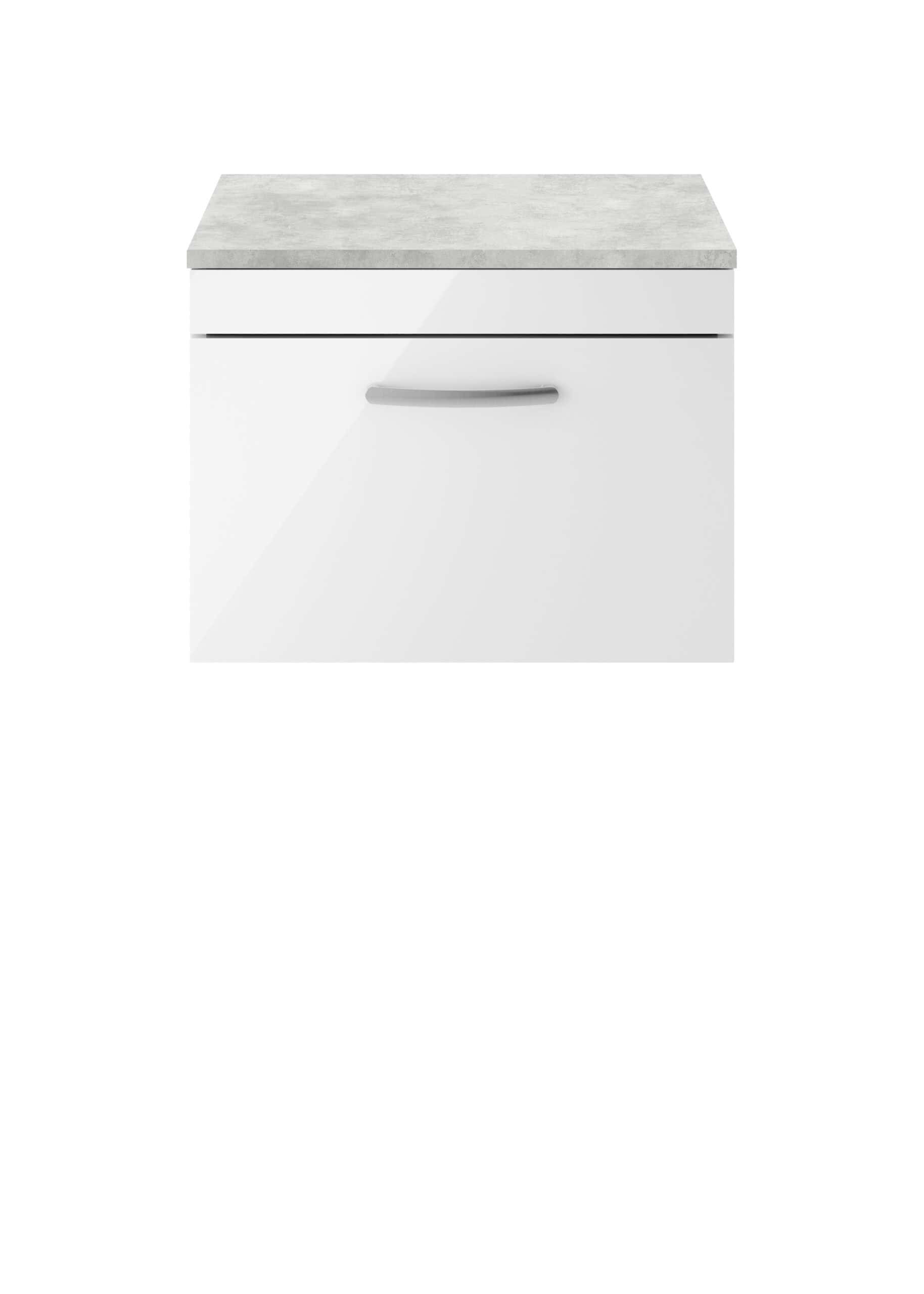 White bathroom vanity unit with a concrete effect countertop, modern storage solution for bathroom organisation.