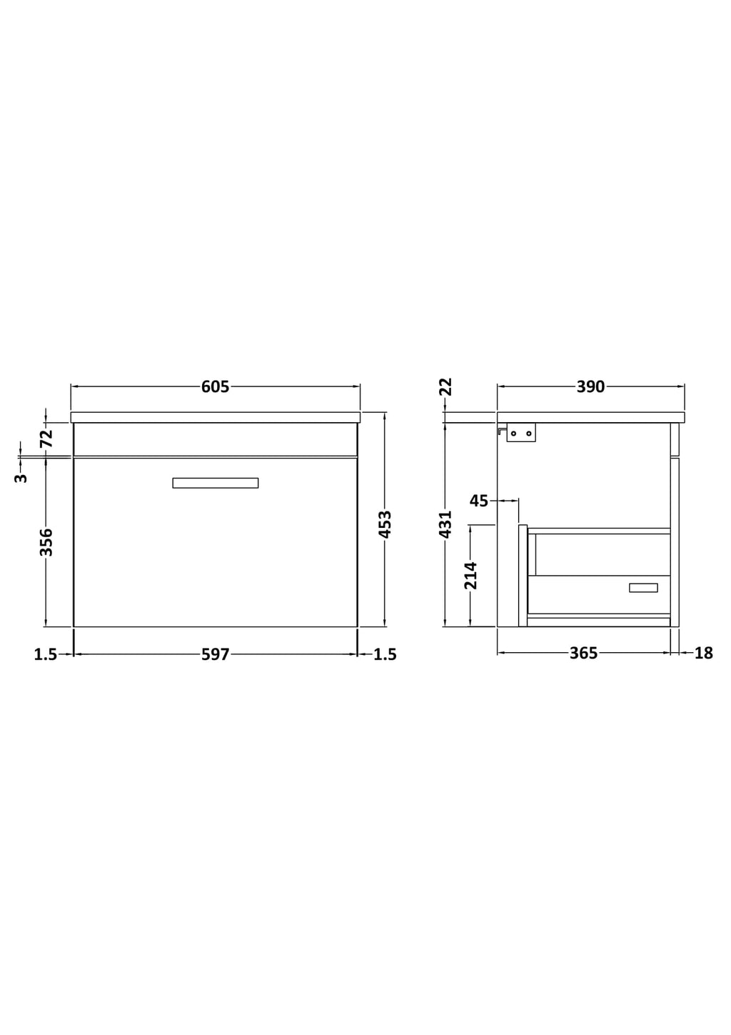 Modern bathroom vanity unit with detailed technical drawings and measurements, ideal for bathroom design and renovation. Perfect for creating stylish, functional Bubly bathrooms.