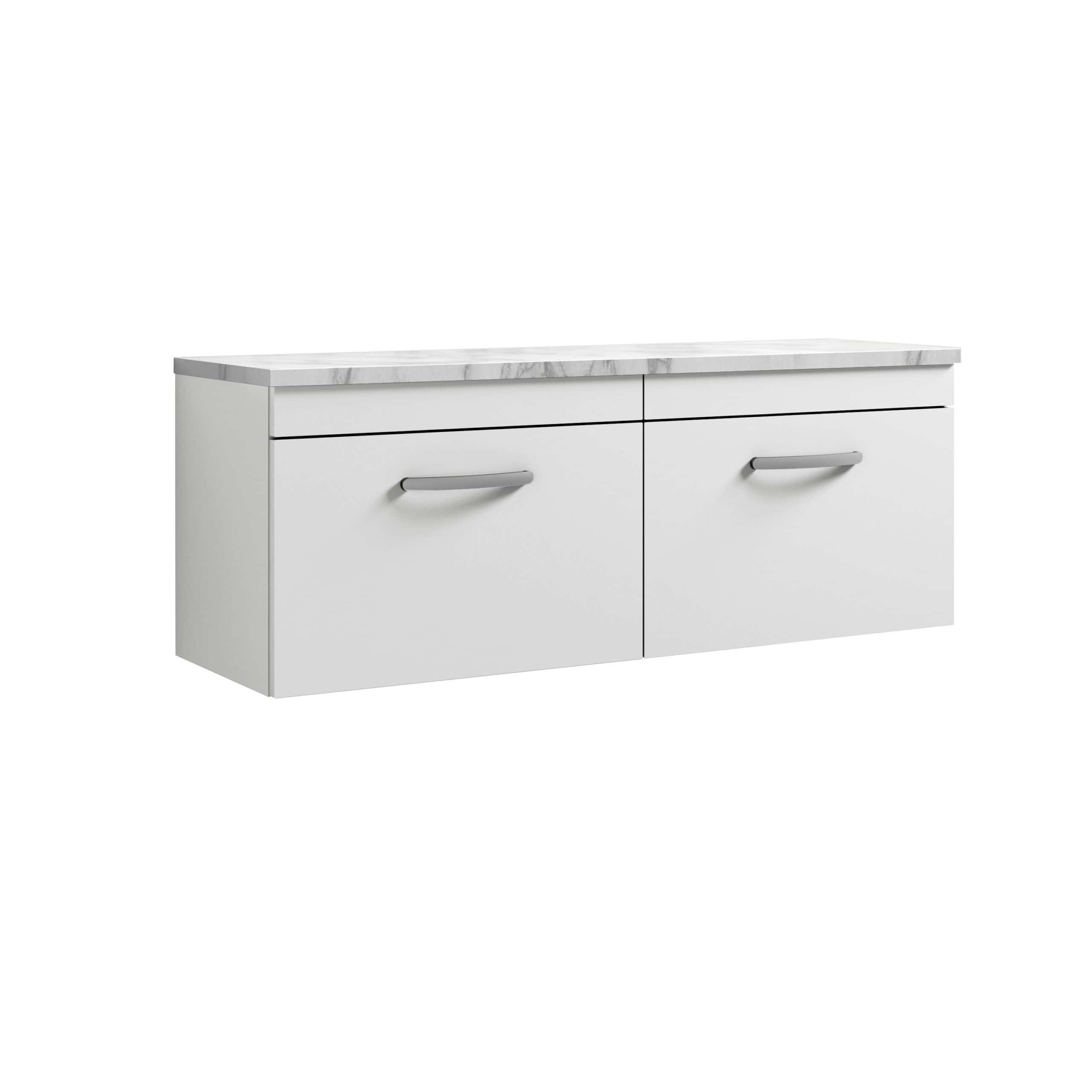 Modern white bathroom vanity with marble top and sleek handles, perfect for contemporary bathroom interiors. Ideal for stylish storage and clean design in bathrooms.