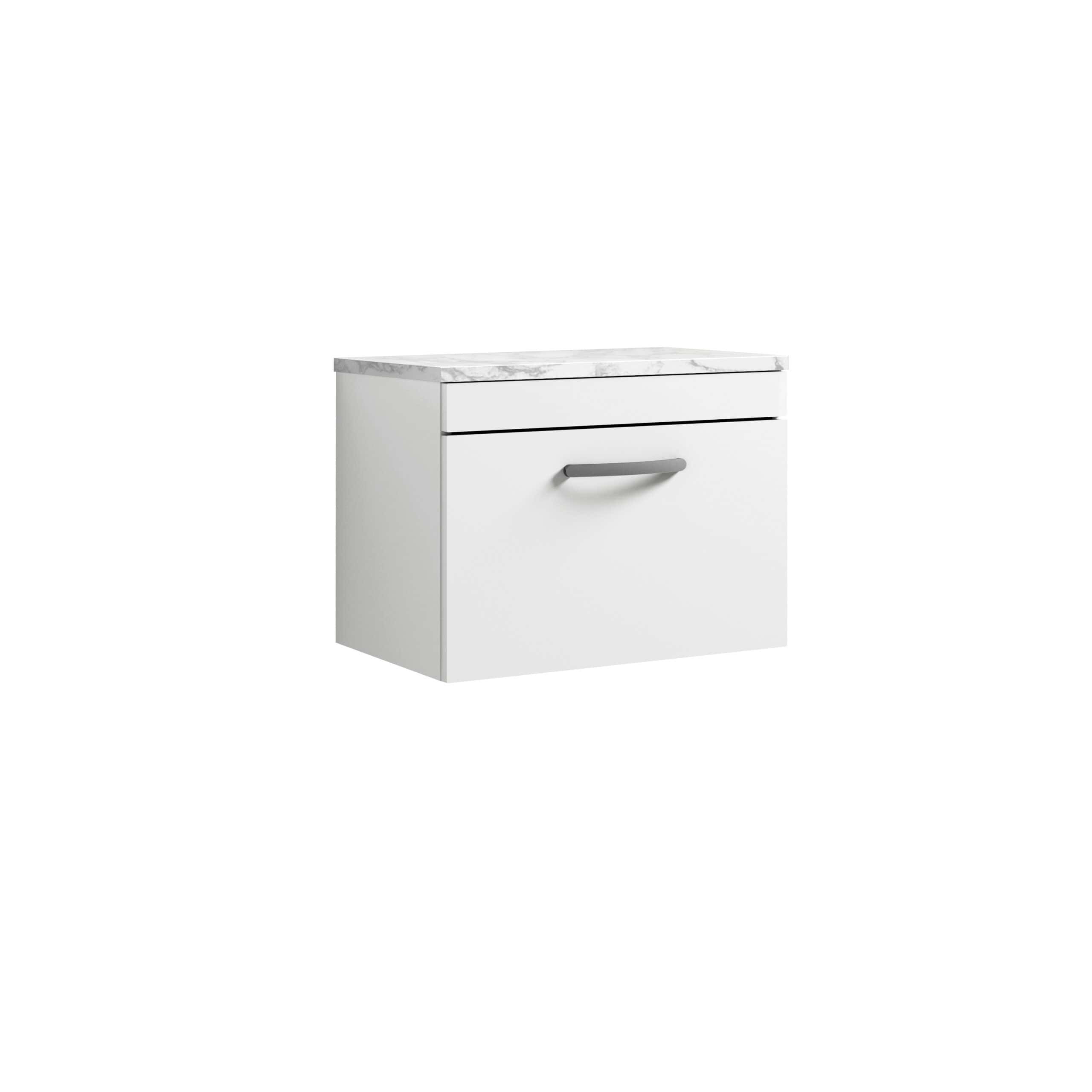 Fitted white bathroom vanity unit with marble effect countertop and sleek handle, ideal for modern bathroom storage solutions.
