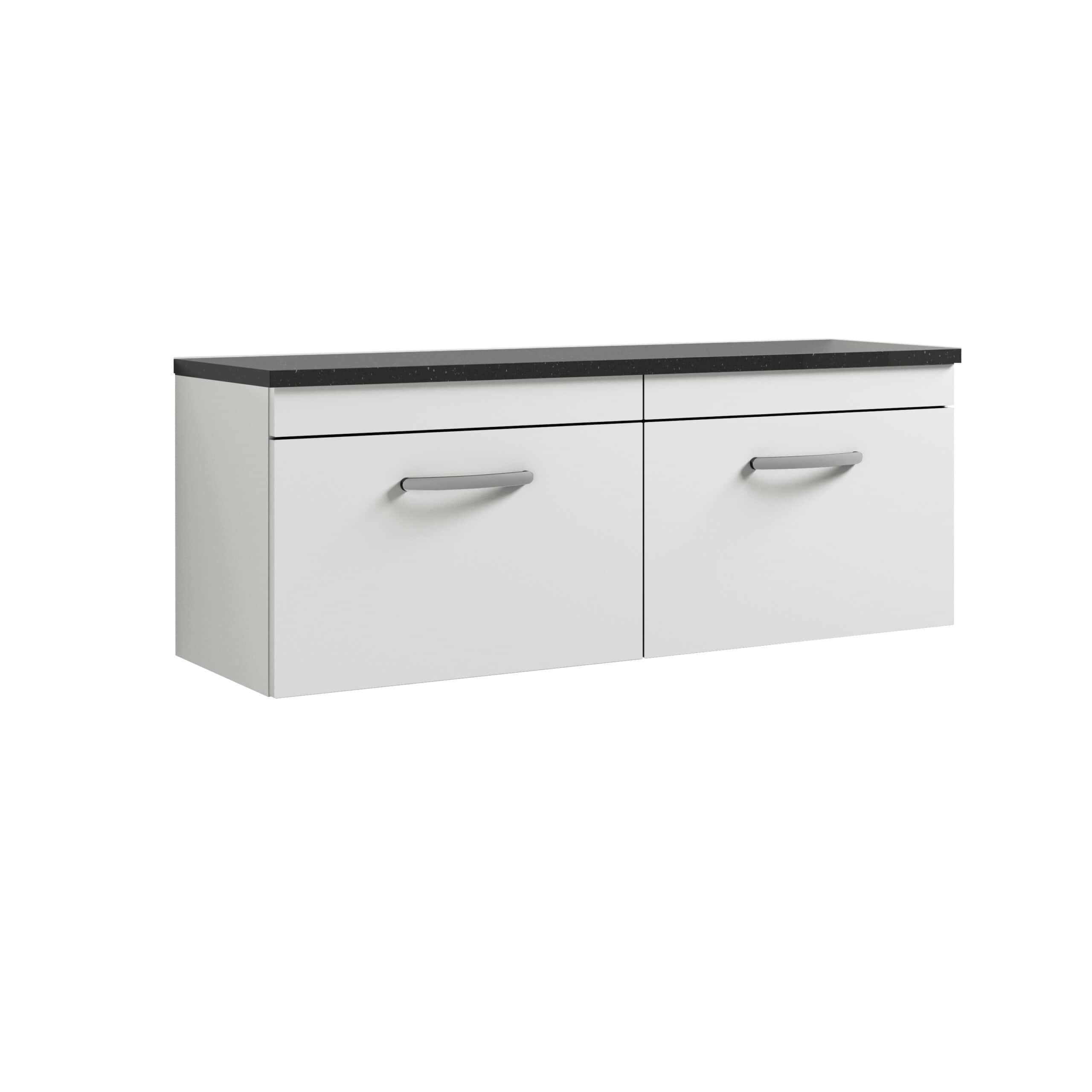 Modern white bathroom vanity with black stone top, sleek handles, ideal for contemporary bathroom interiors. Designed for functionality and style, perfect for elegant bathroom storage solutions.