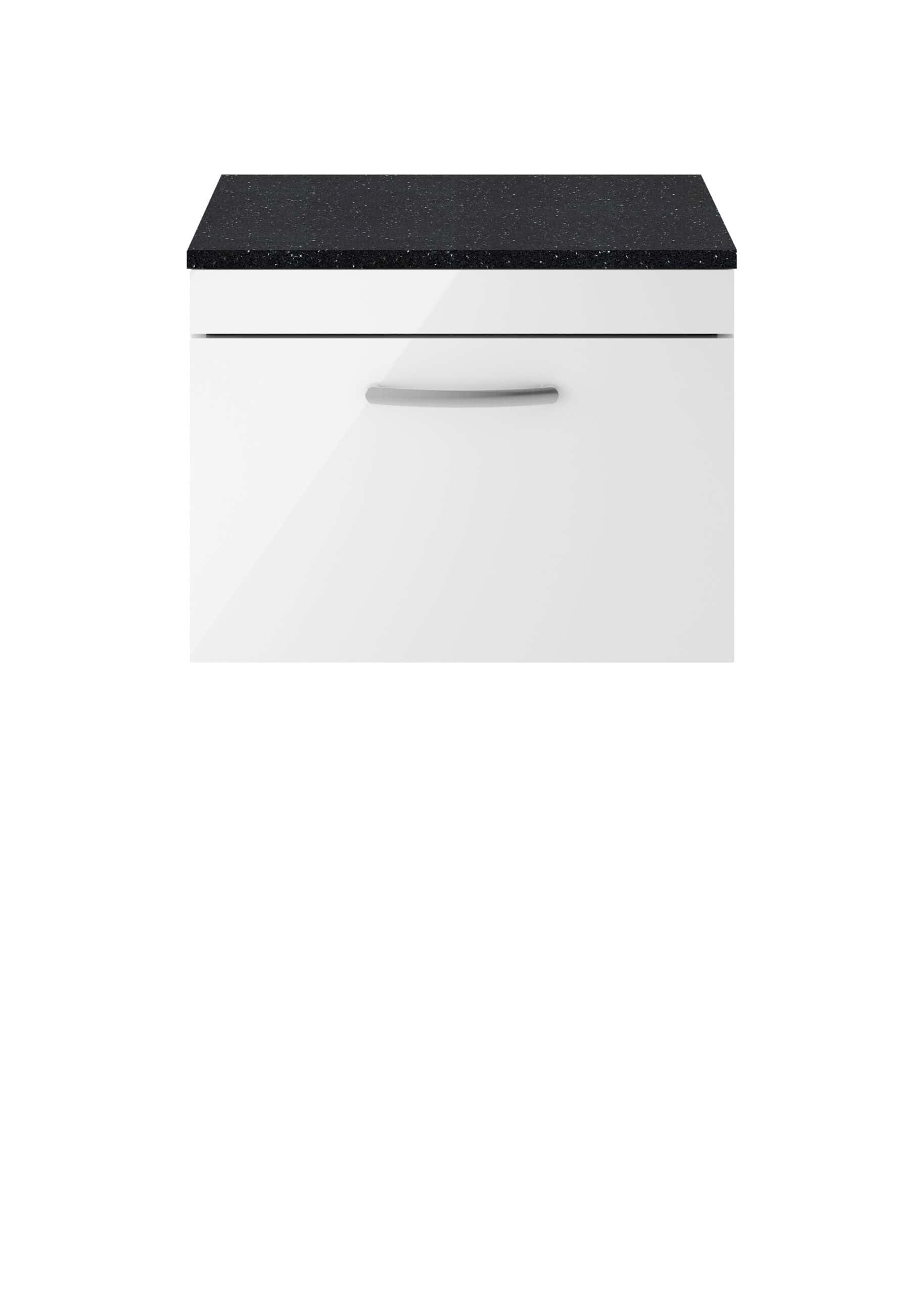 Adjustable bathroom cabinet with black granite countertop and white finish, ideal for modern bathrooms. Designed for storage and aesthetic appeal, blending style with functionality in contemporary bathroom spaces.
