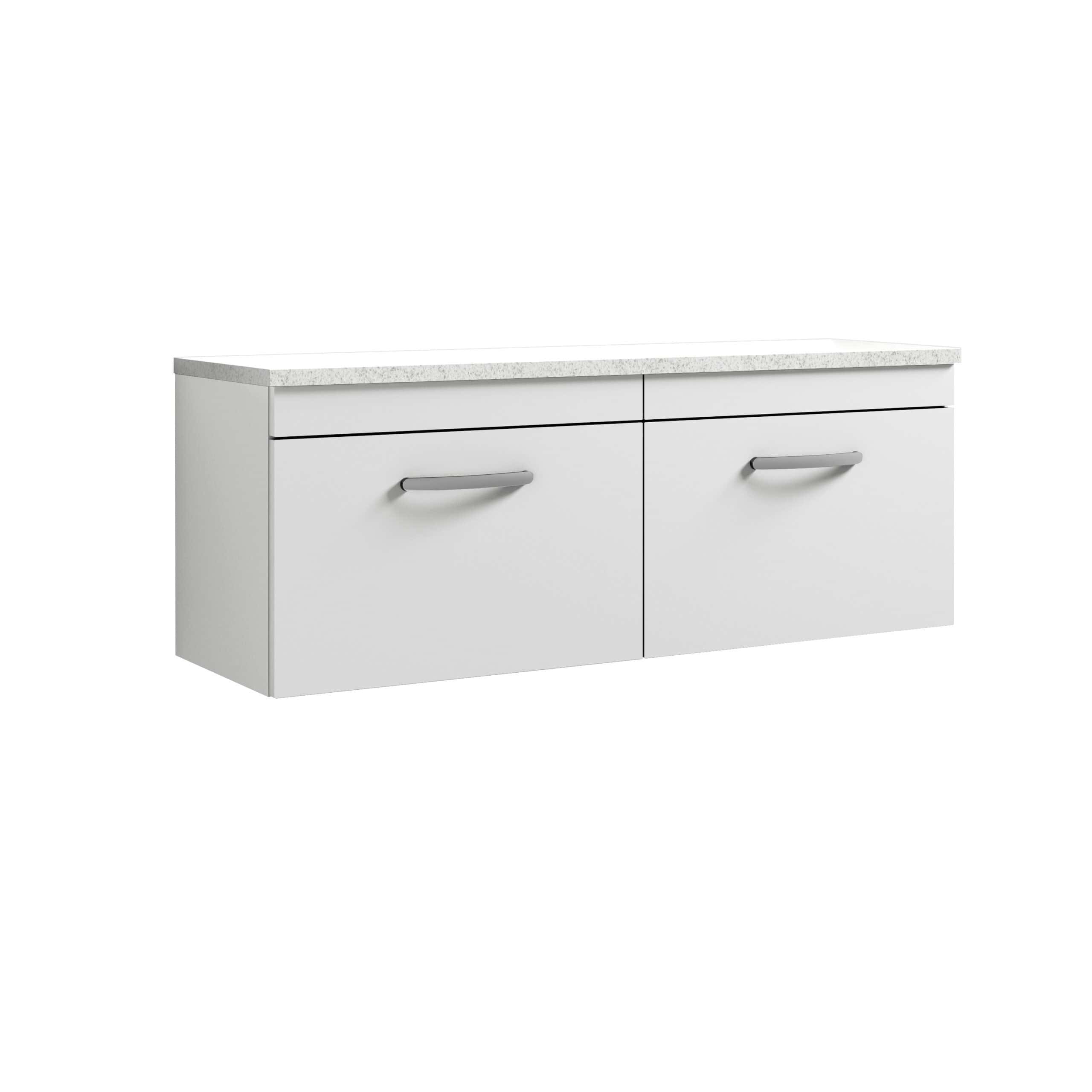 White bathroom vanity cabinet with grey handles and a speckled countertop for modern bathroom storage and design.