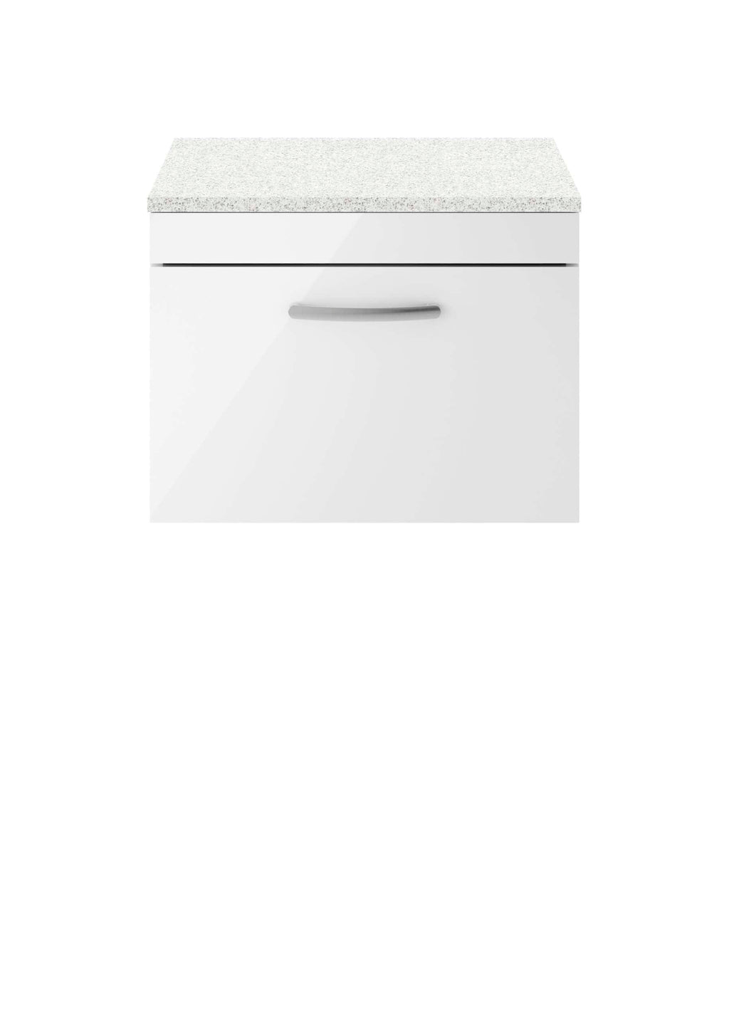 White bathroom vanity with a speckled countertop for modern bathroom storage and style.