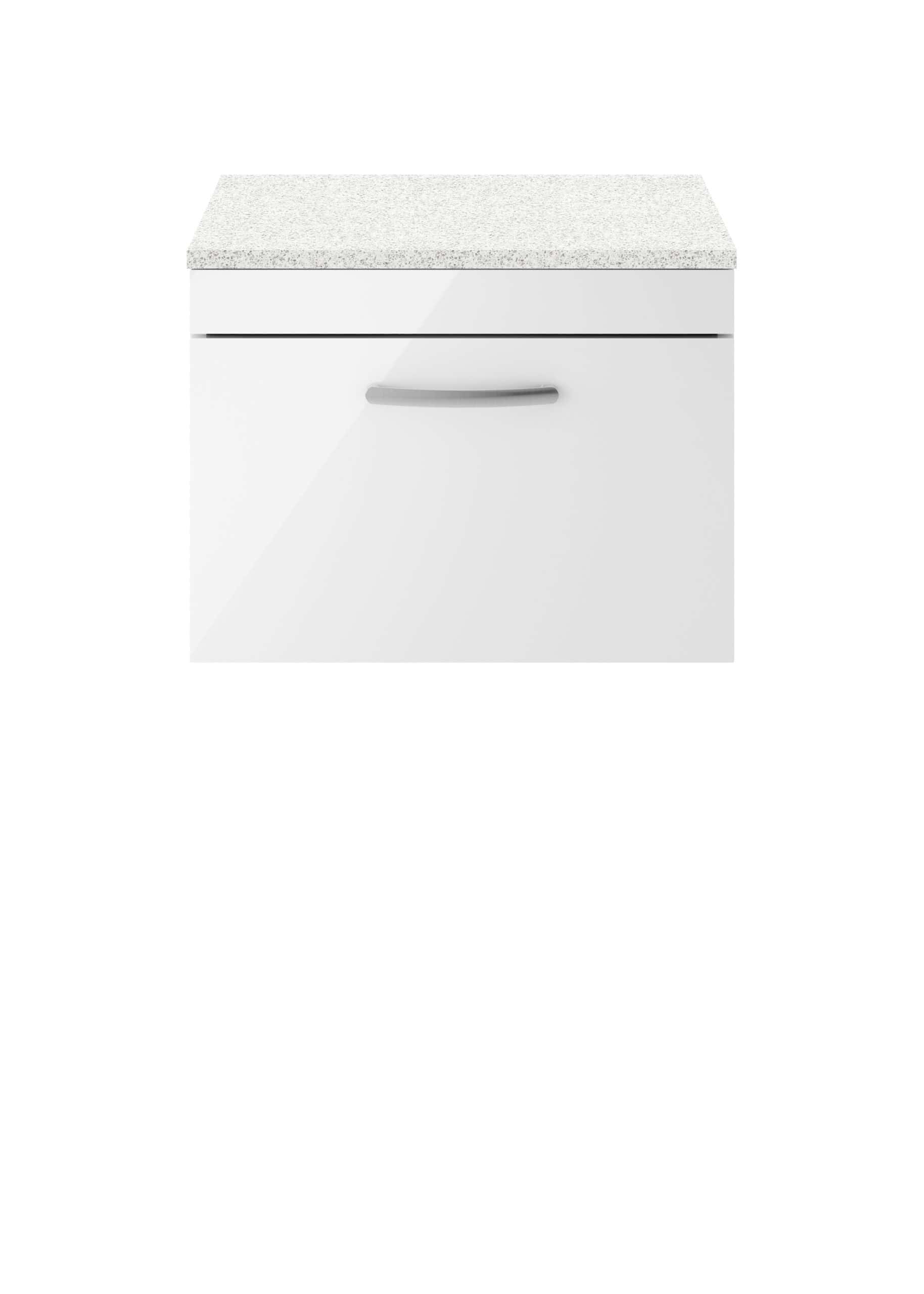 White bathroom vanity with a speckled countertop for modern bathroom storage and style.
