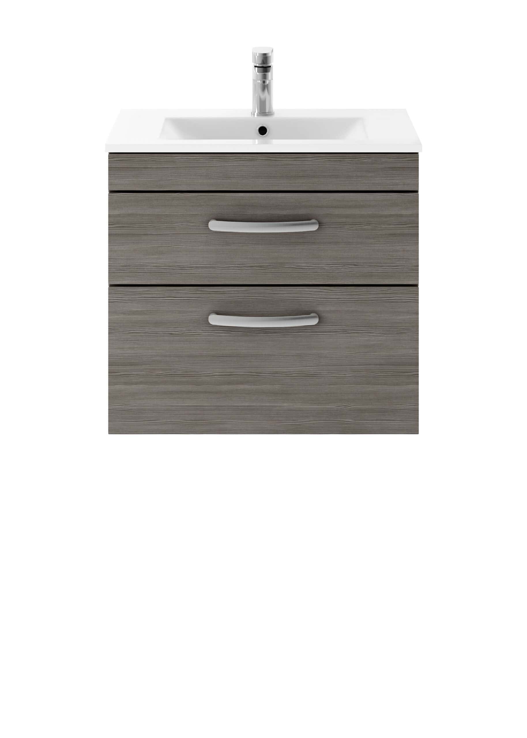 Sleek grey wood-effect bathroom vanity with integrated sink and chrome faucet, featuring two spacious drawers for storage, ideal for modern bathroom upgrades.