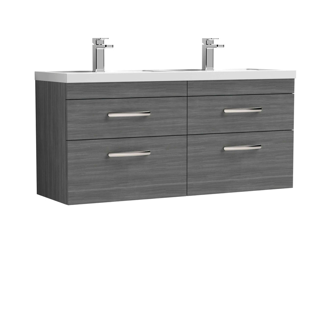 Sleek grey double bathroom vanity with integrated sinks and modern chrome faucets, perfect for contemporary bathroom designs. Durable wooden cabinetry offers ample storage space.