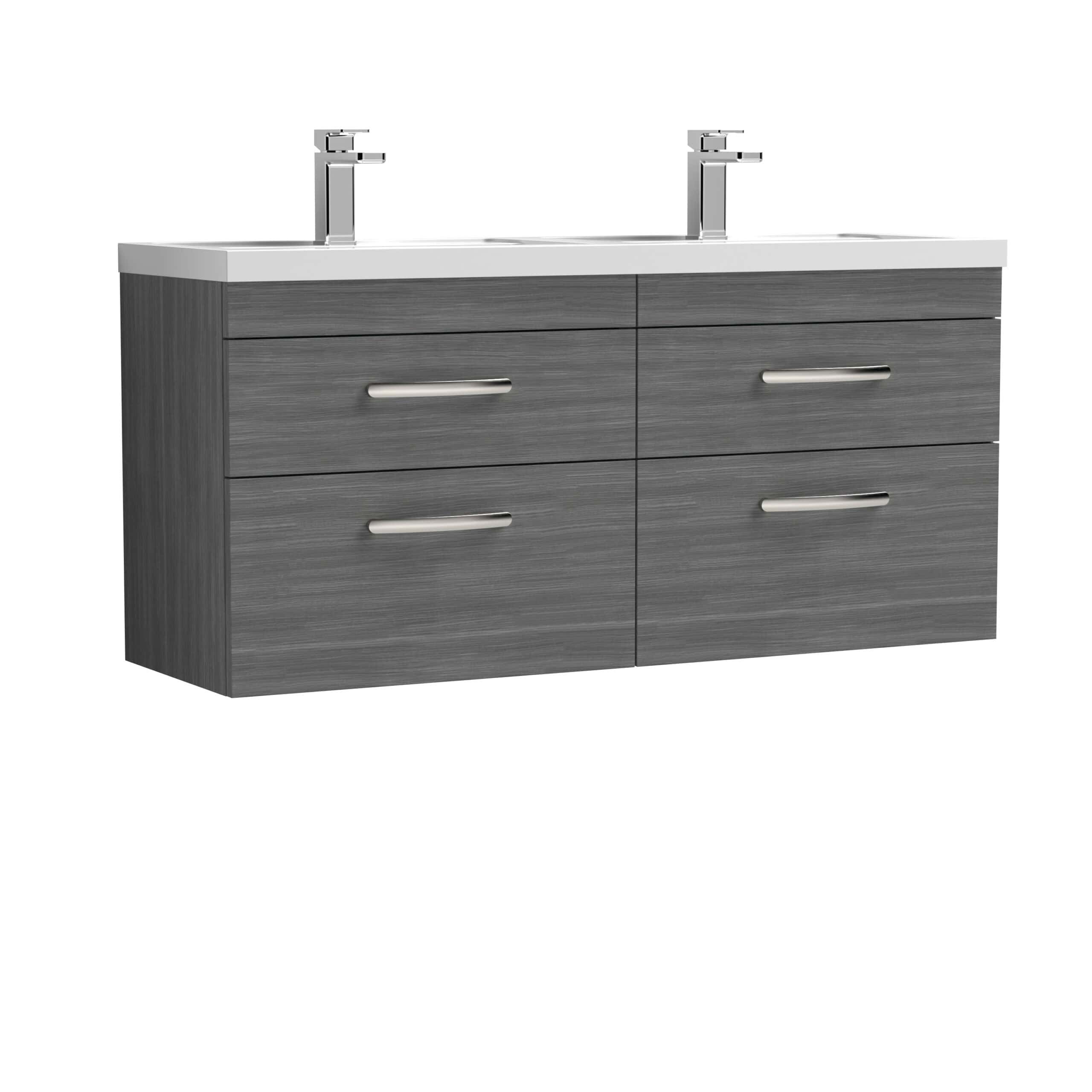 Sleek grey double bathroom vanity with integrated sinks and modern chrome faucets, perfect for contemporary bathroom designs. Durable wooden cabinetry offers ample storage space.