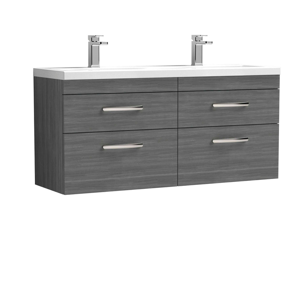 Contemporary grey bathroom vanity unit with double sinks and chrome handles, ideal for modern bathroom decor and storage solutions.