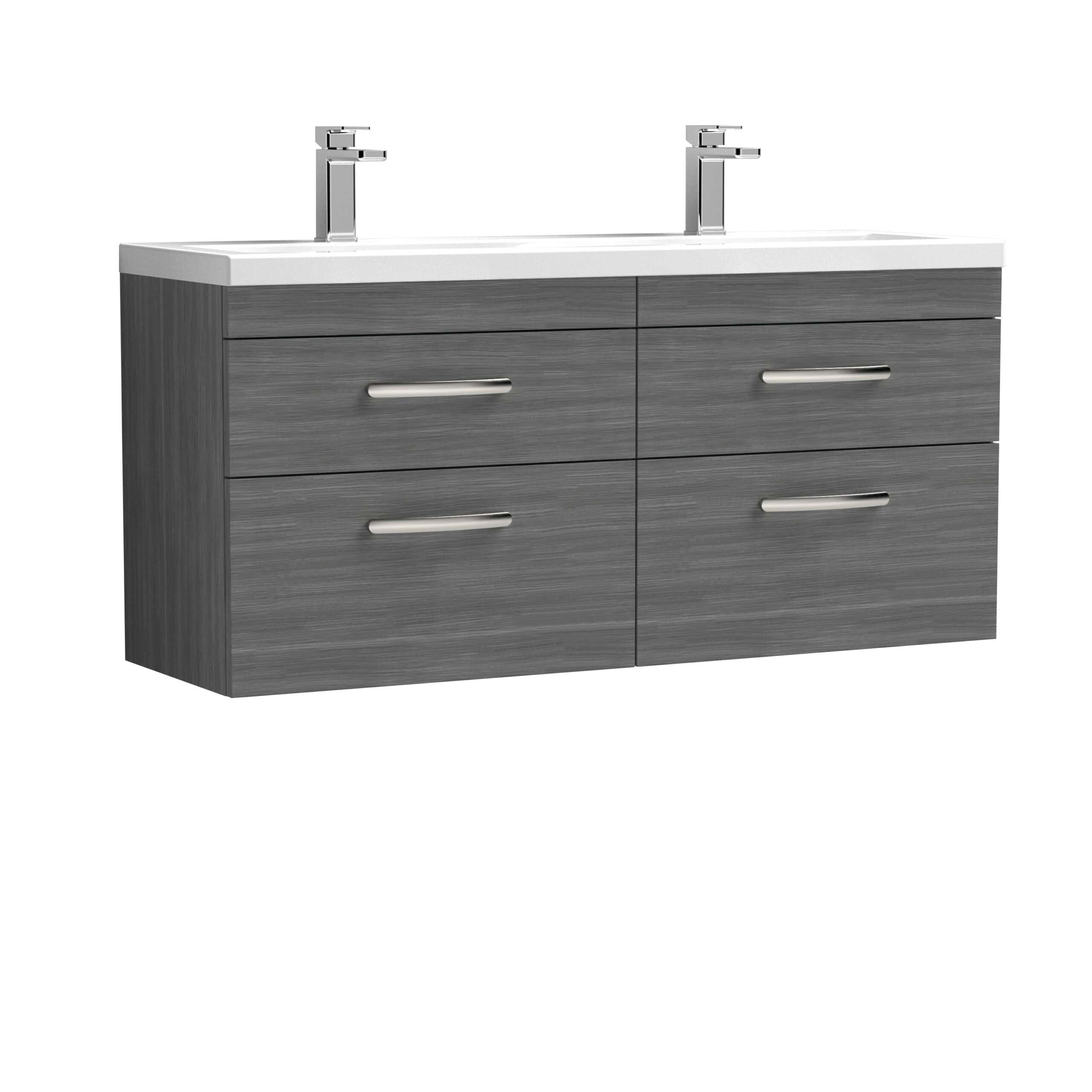 Contemporary grey bathroom vanity unit with double sinks and chrome handles, ideal for modern bathroom decor and storage solutions.