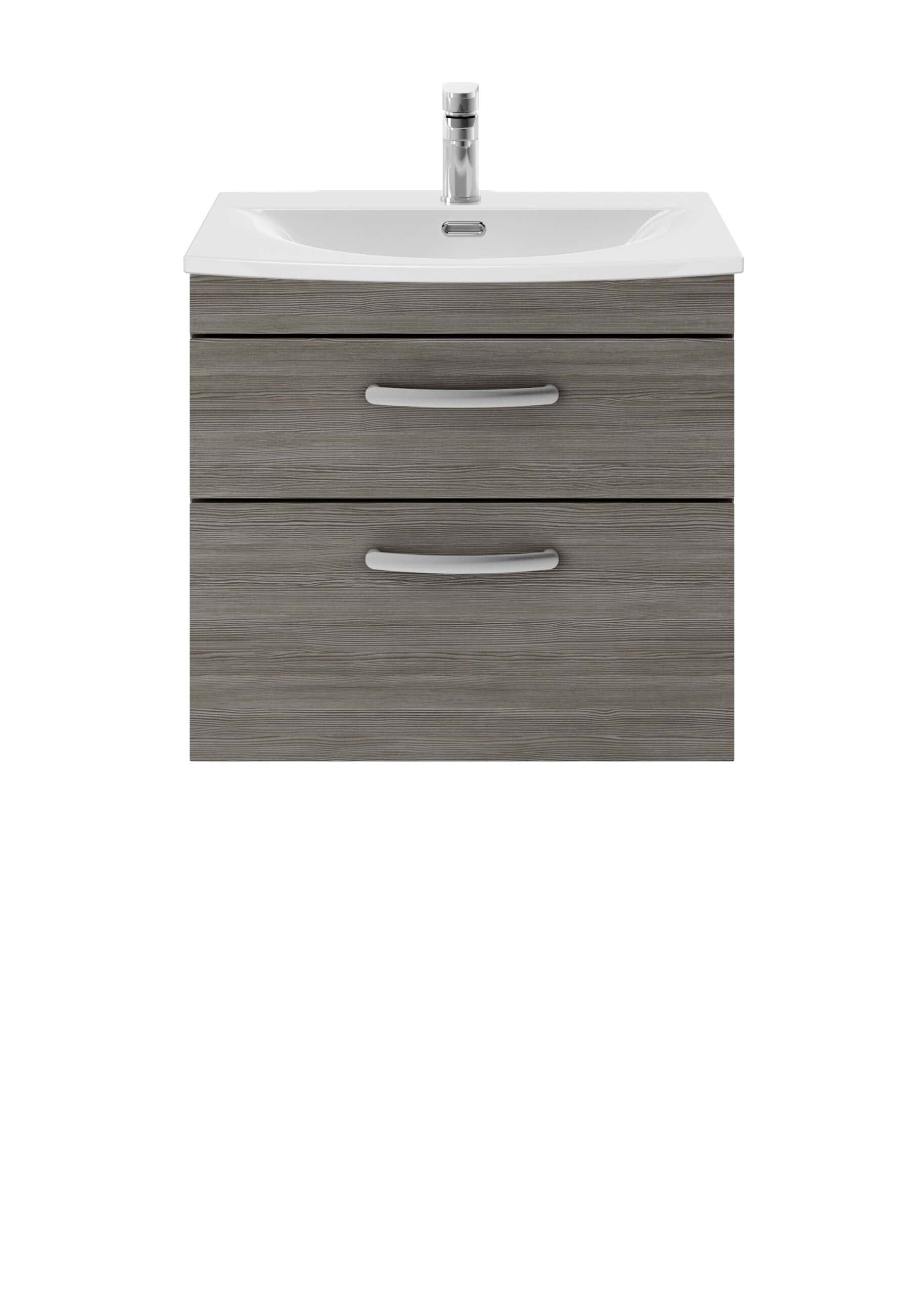 High-quality bathroom vanity with integrated sink and modern grey wood grain finish, featuring two spacious drawers with sleek white handles for optimal bathroom storage solutions.