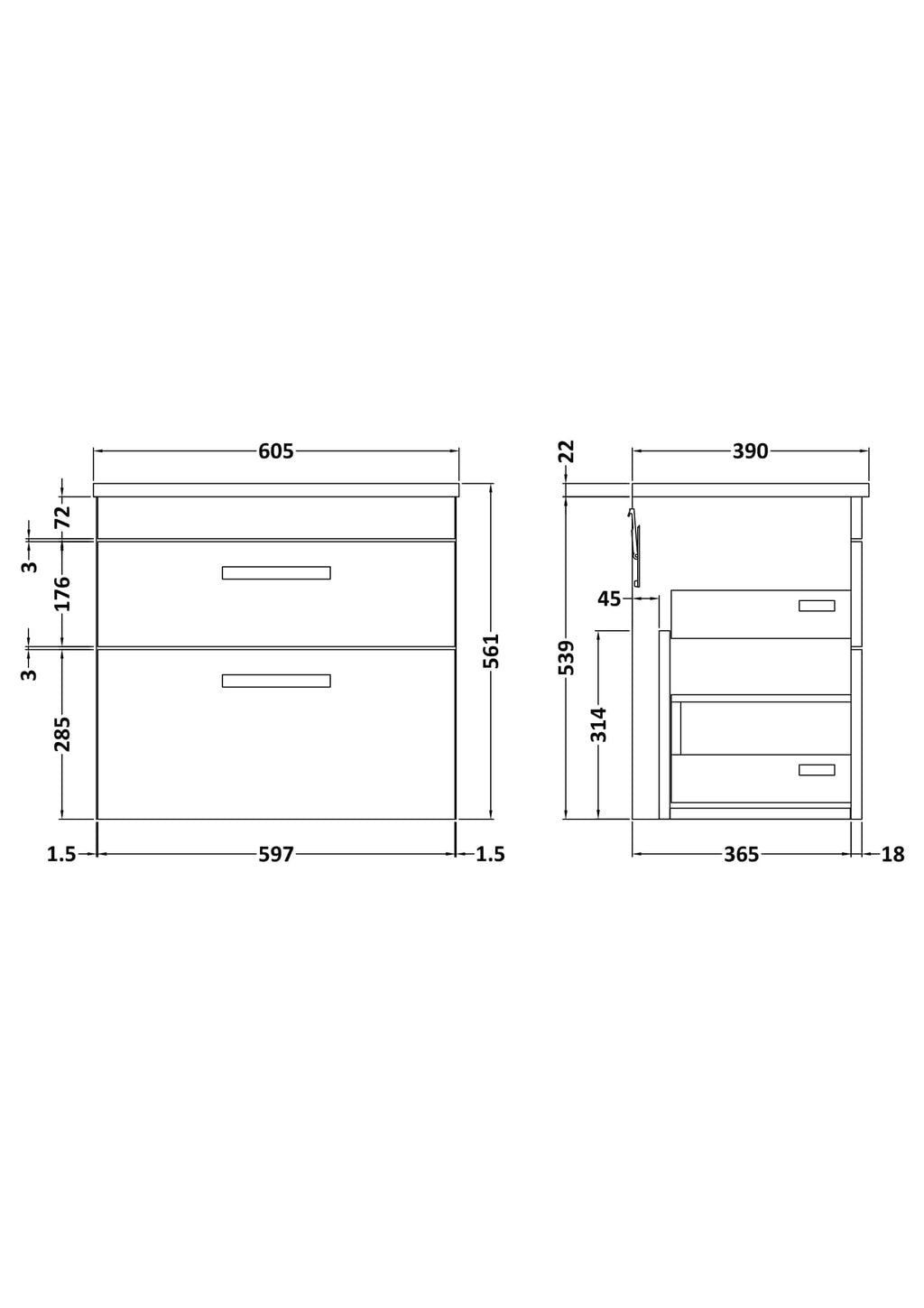 Modern bathroom vanity unit with detailed dimensions, ideal for contemporary Bubly bathrooms, offering ample storage and sleek design.