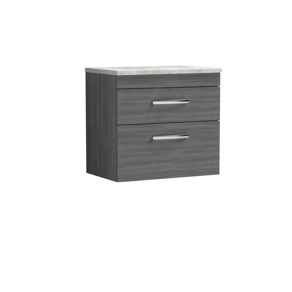 Sleek grey bathroom vanity unit with two drawers and modern chrome handles, perfect for contemporary bathrooms and storage solutions.