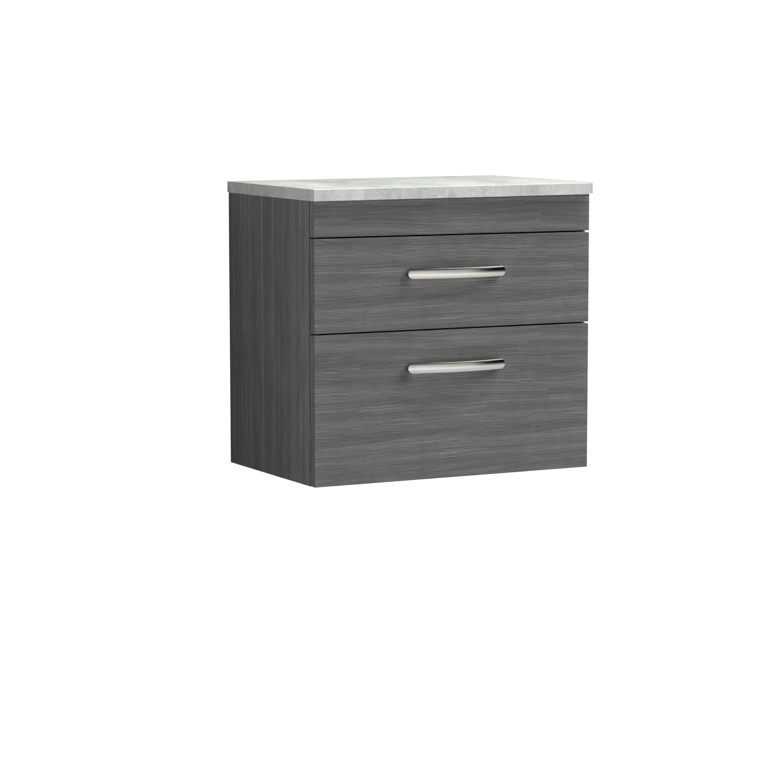 Sleek grey bathroom vanity unit with two drawers and modern chrome handles, perfect for contemporary bathrooms and storage solutions.