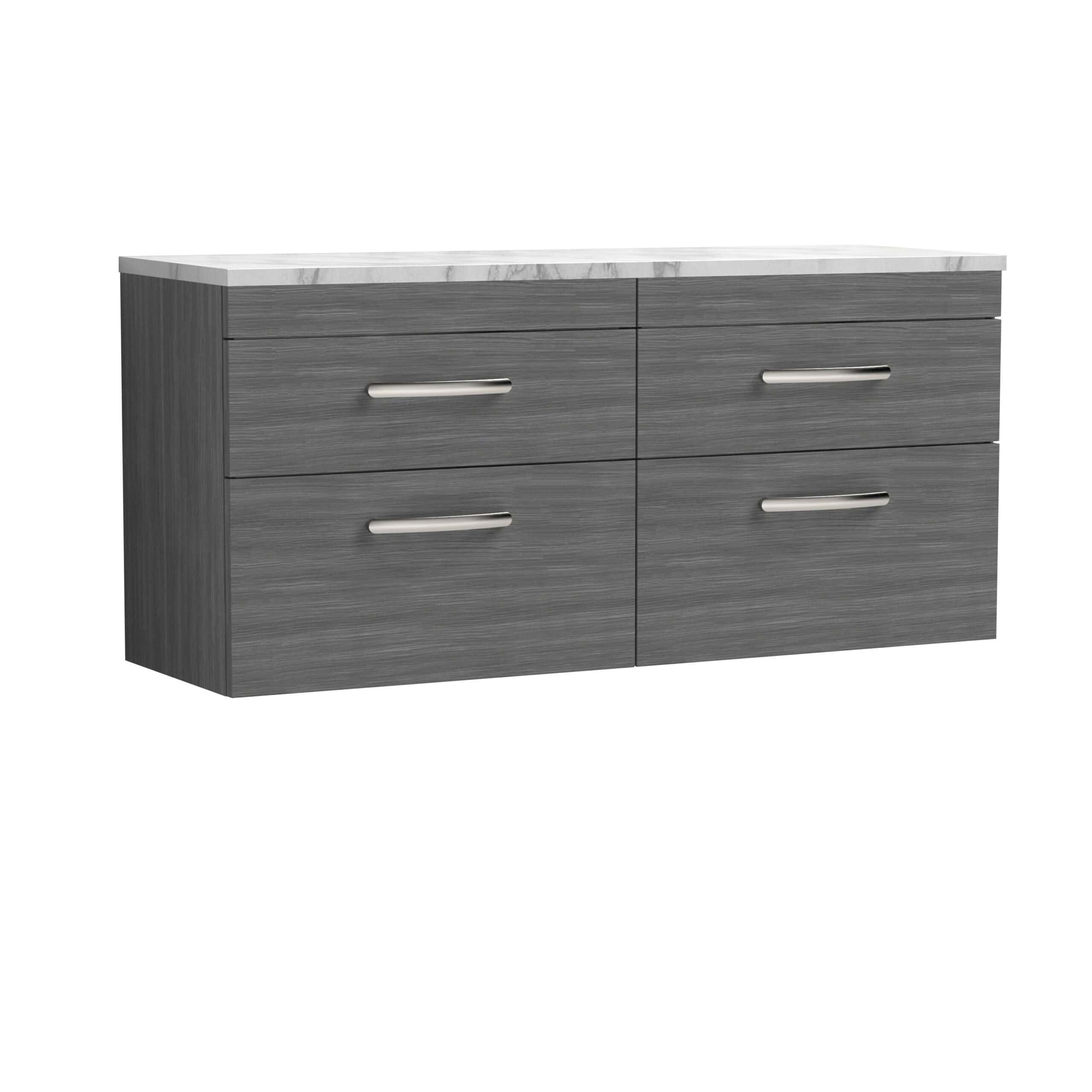 Sleek grey bathroom vanity with six drawers and modern silver handles, topped with a white marble-effect countertop, ideal for contemporary bathroom storage solutions.