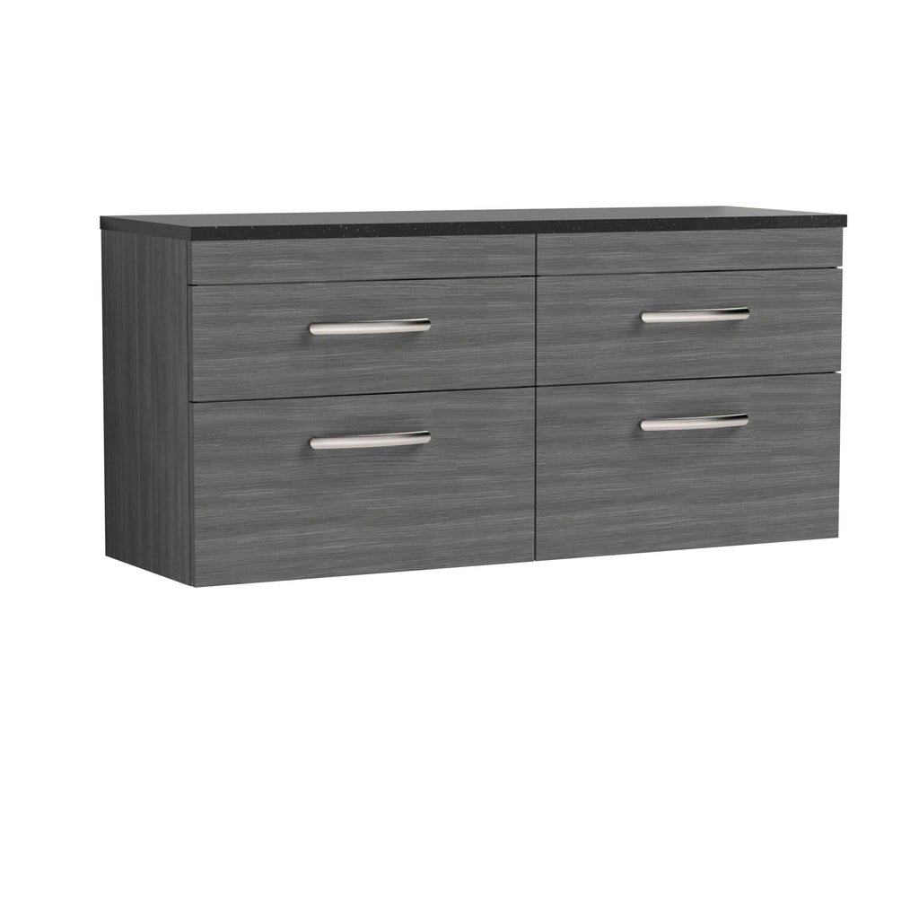 Modern grey bathroom storage unit with sleek handles and a black countertop, ideal for contemporary bathroom interiors and maximising space efficiency.