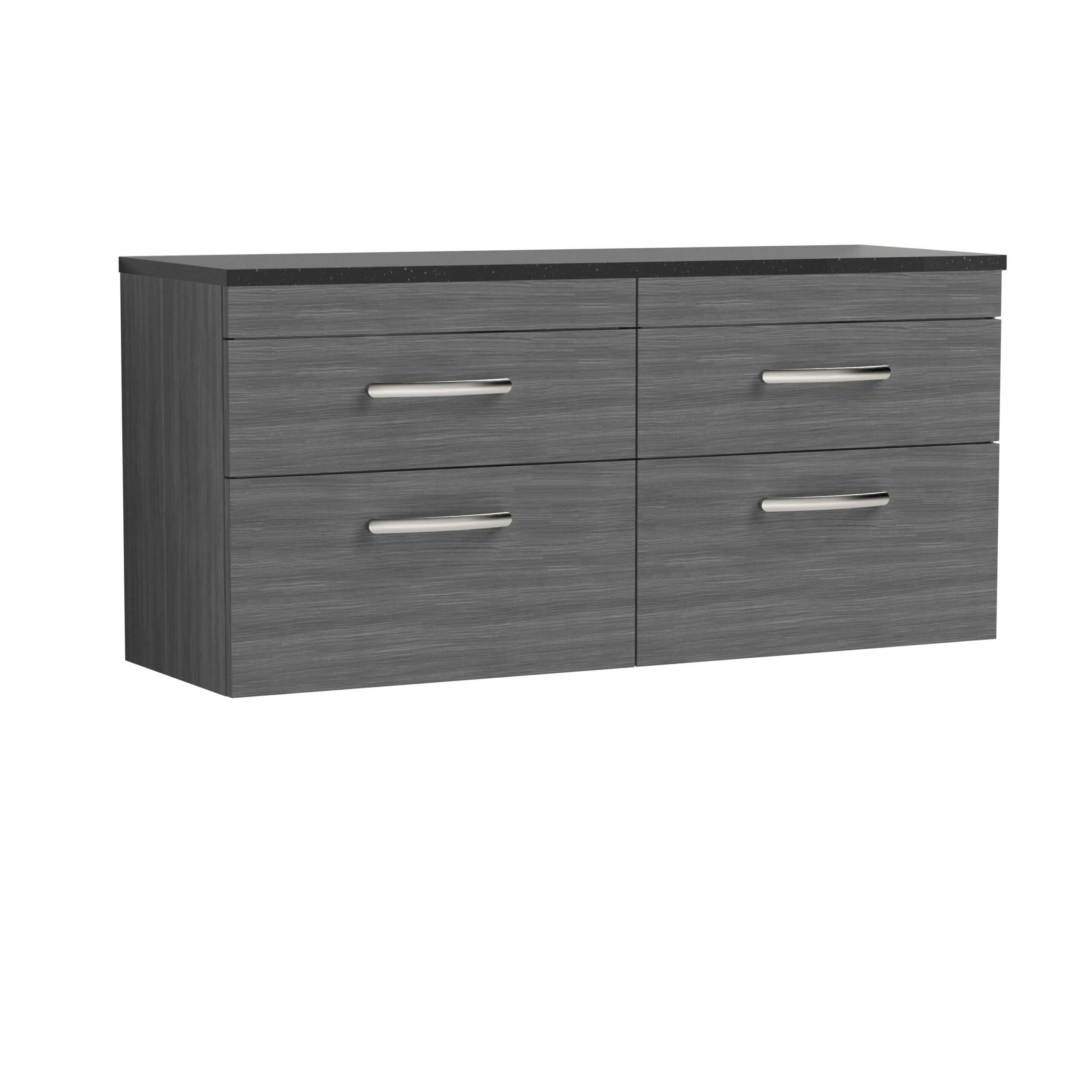 Modern grey bathroom storage unit with sleek handles and a black countertop, ideal for contemporary bathroom interiors and maximising space efficiency.