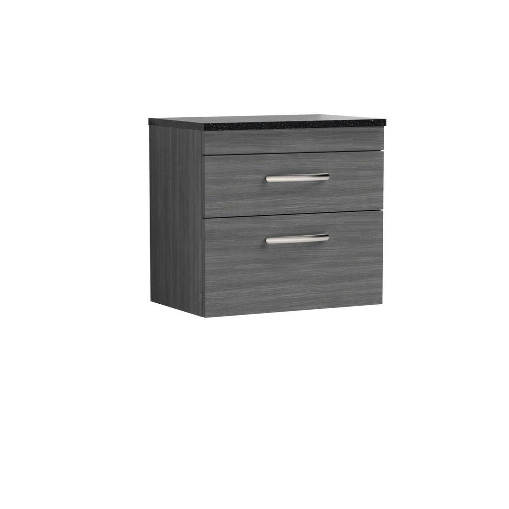 Sleek grey bathroom vanity cabinet with black countertop, modern storage solution, and durable handles for classic bathroom organisation.