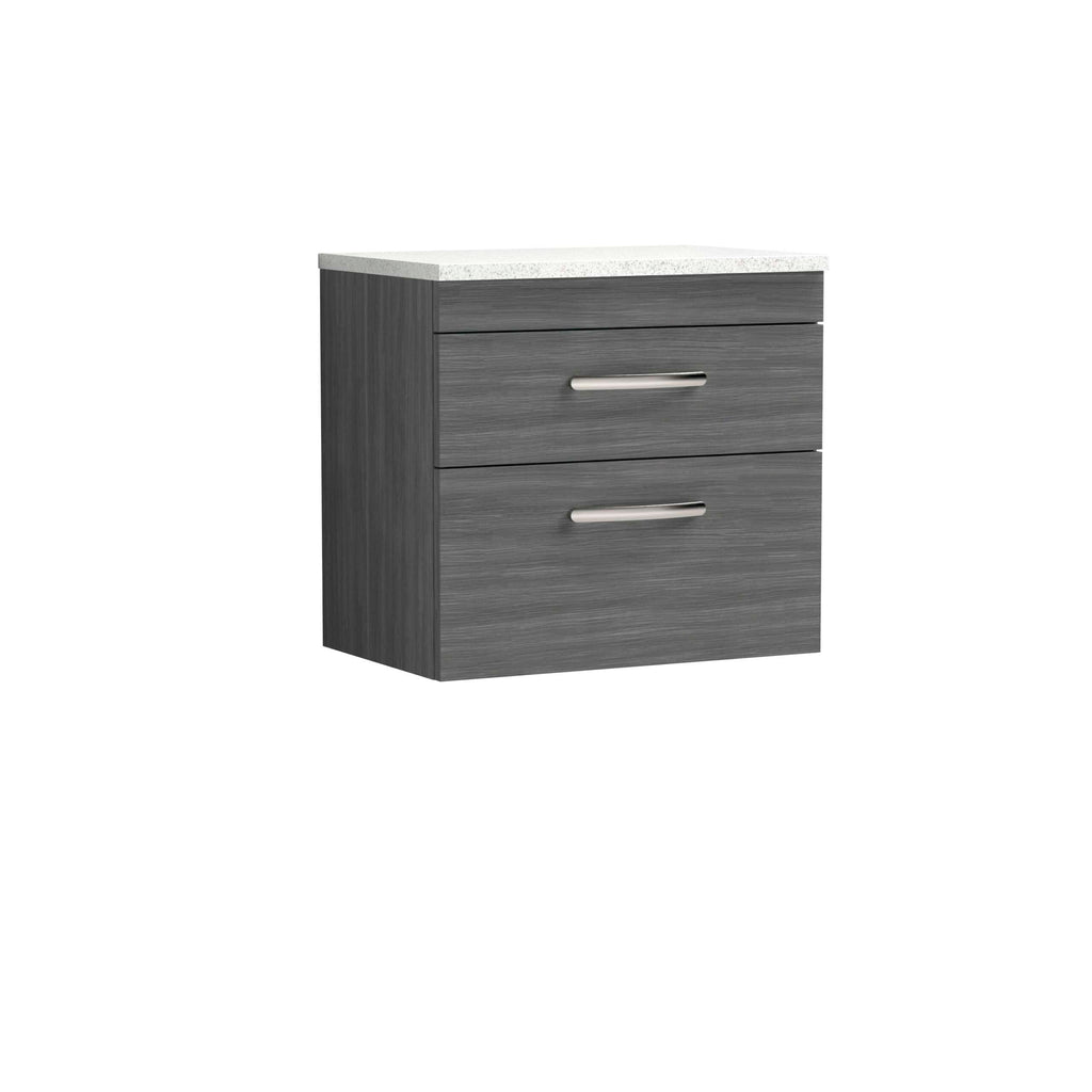 Sleek grey bathroom vanity cabinet with two drawers and modern silver handles, topped with a white marble effect countertop for contemporary bathroom design.