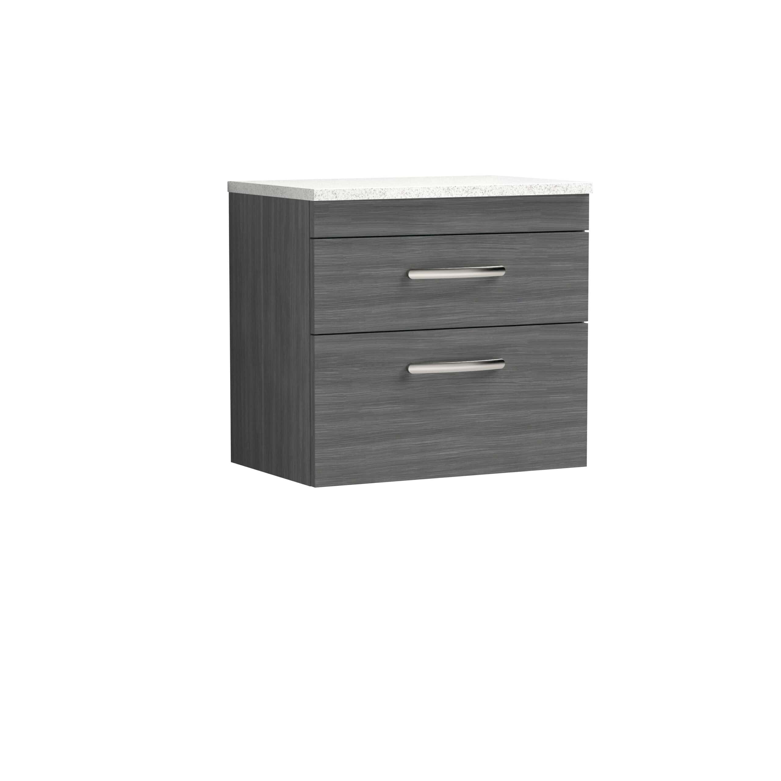 Sleek grey bathroom vanity cabinet with two drawers and modern silver handles, topped with a white marble effect countertop for contemporary bathroom design.
