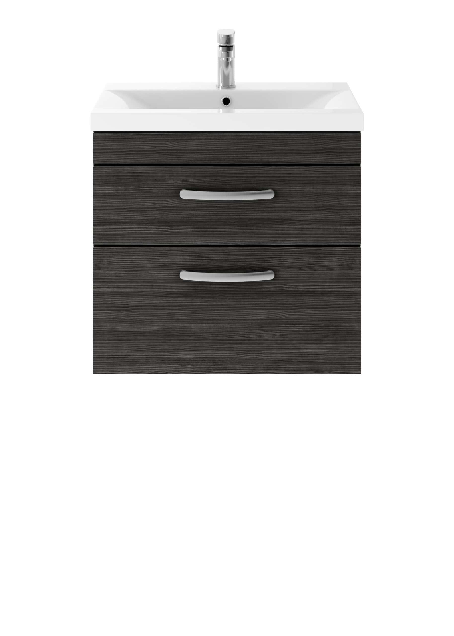 Modern bathroom vanity with dark wood finish and integrated sink, featuring sleek silver handles, ideal for contemporary bathroom decor.
