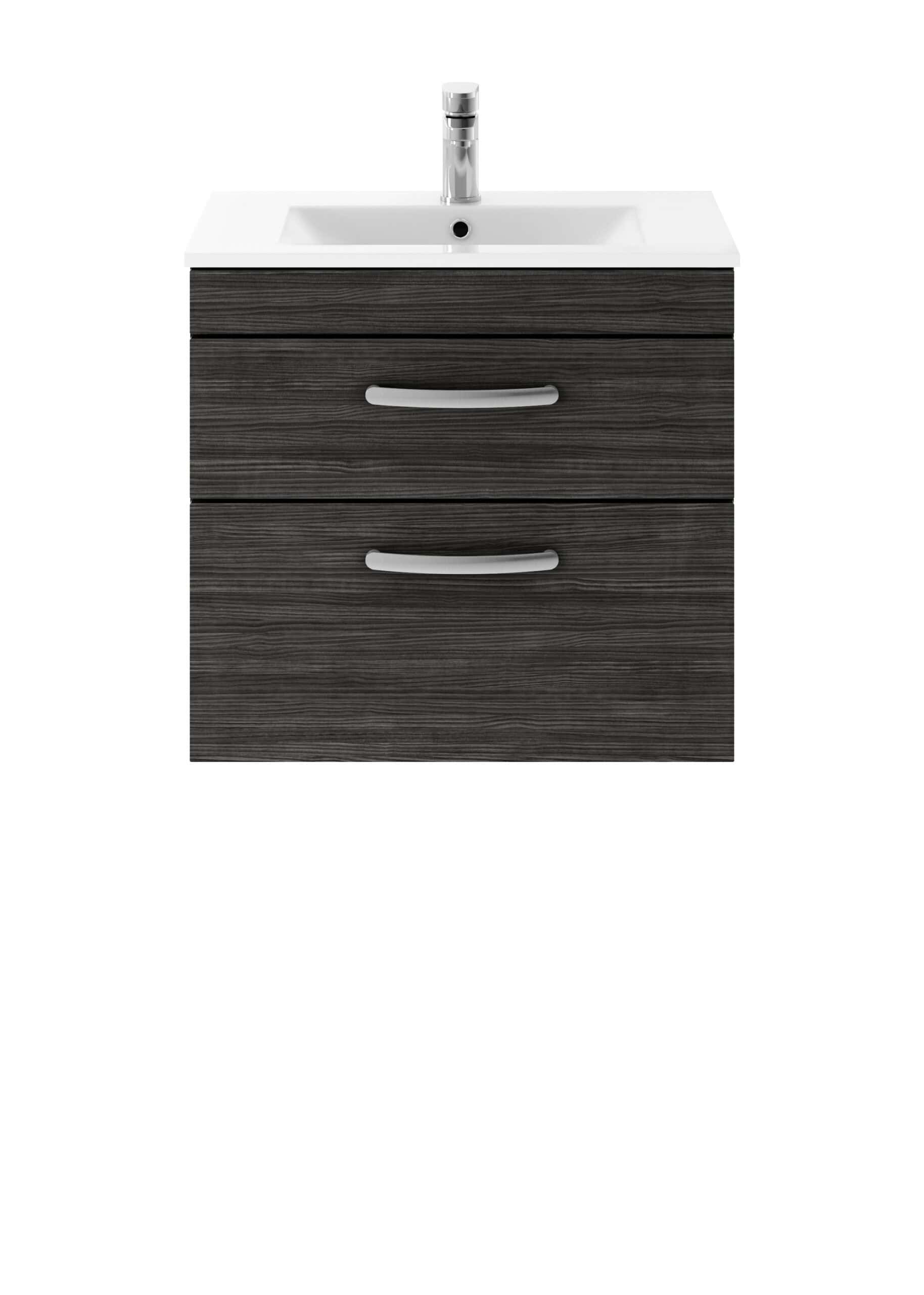 Dark wood bathroom vanity with integrated sink and modern chrome handles, ideal for contemporary bathroom design.