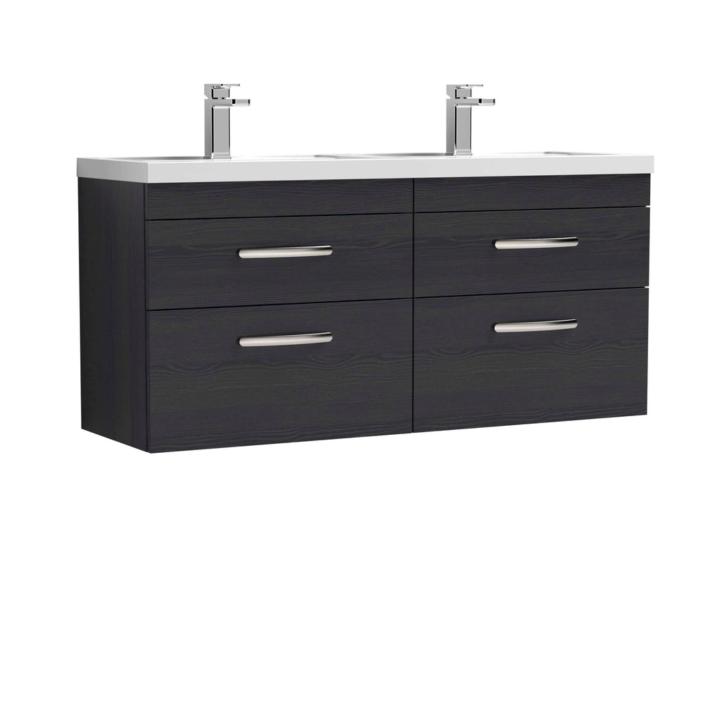 Sleek black double bathroom vanity cabinet with white countertop and dual modern chrome faucets, ideal for contemporary bathroom upgrades, storage, and stylish decor.