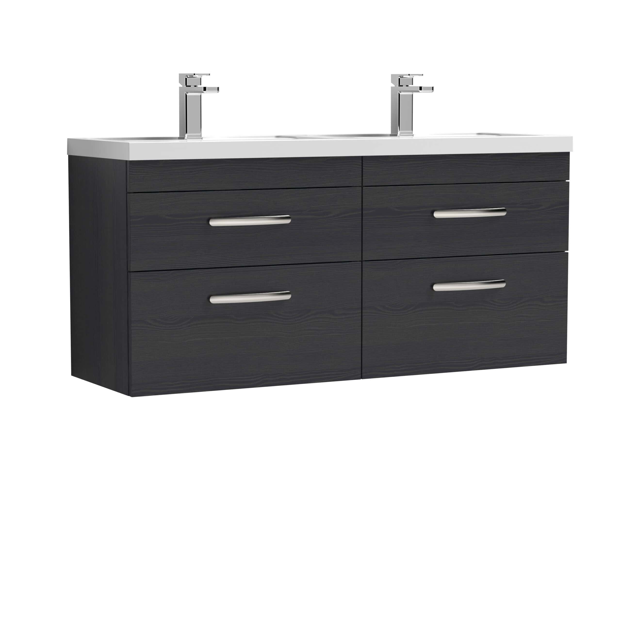Sleek black double bathroom vanity cabinet with white countertop and dual modern chrome faucets, ideal for contemporary bathroom upgrades, storage, and stylish decor.