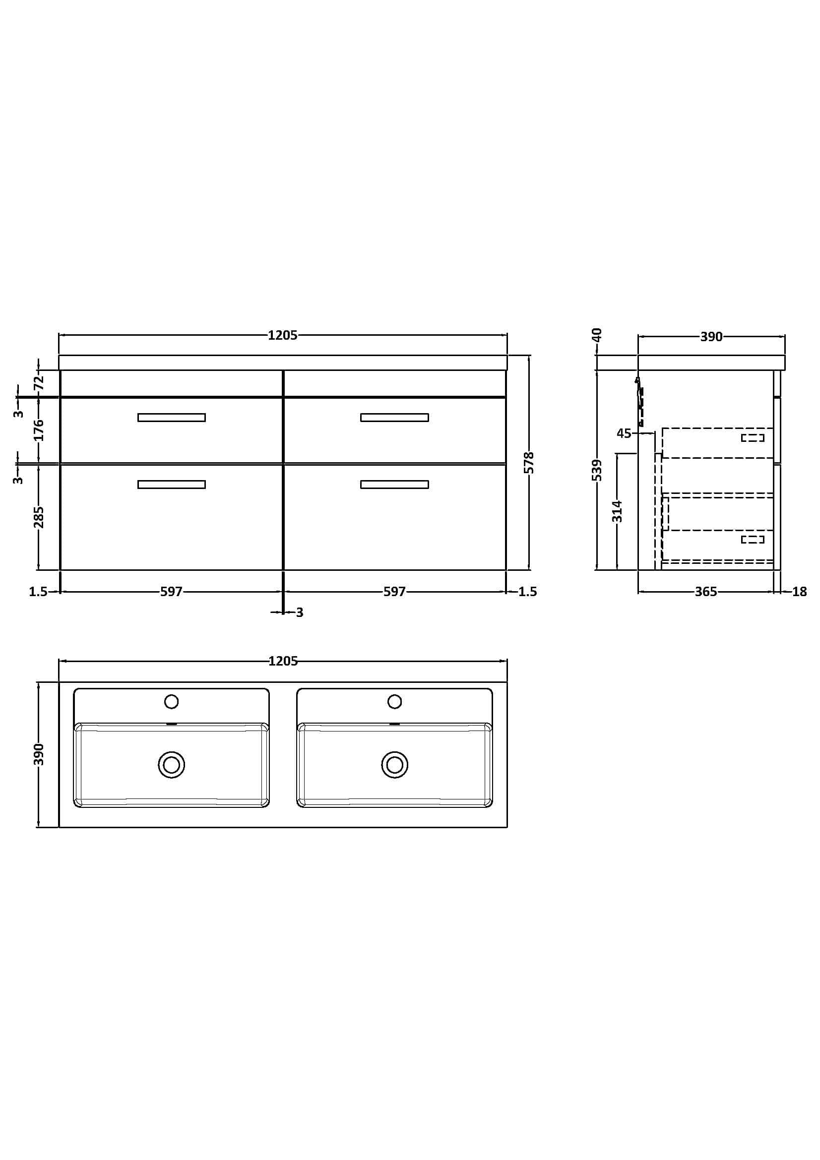 Double sink vanity unit with integrated storage drawers, modern design, suitable for contemporary bathrooms, sturdy construction, measuring 1205mm wide by 390mm deep.