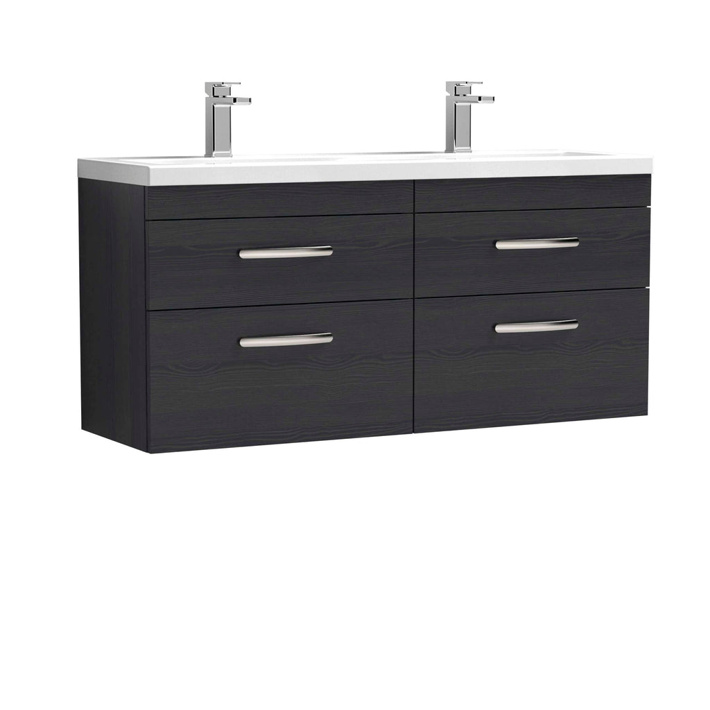 Dark wood bathroom vanity with two sinks and contemporary chrome handles for modern bathroom design. Ideal for stylish and functional bathroom storage.