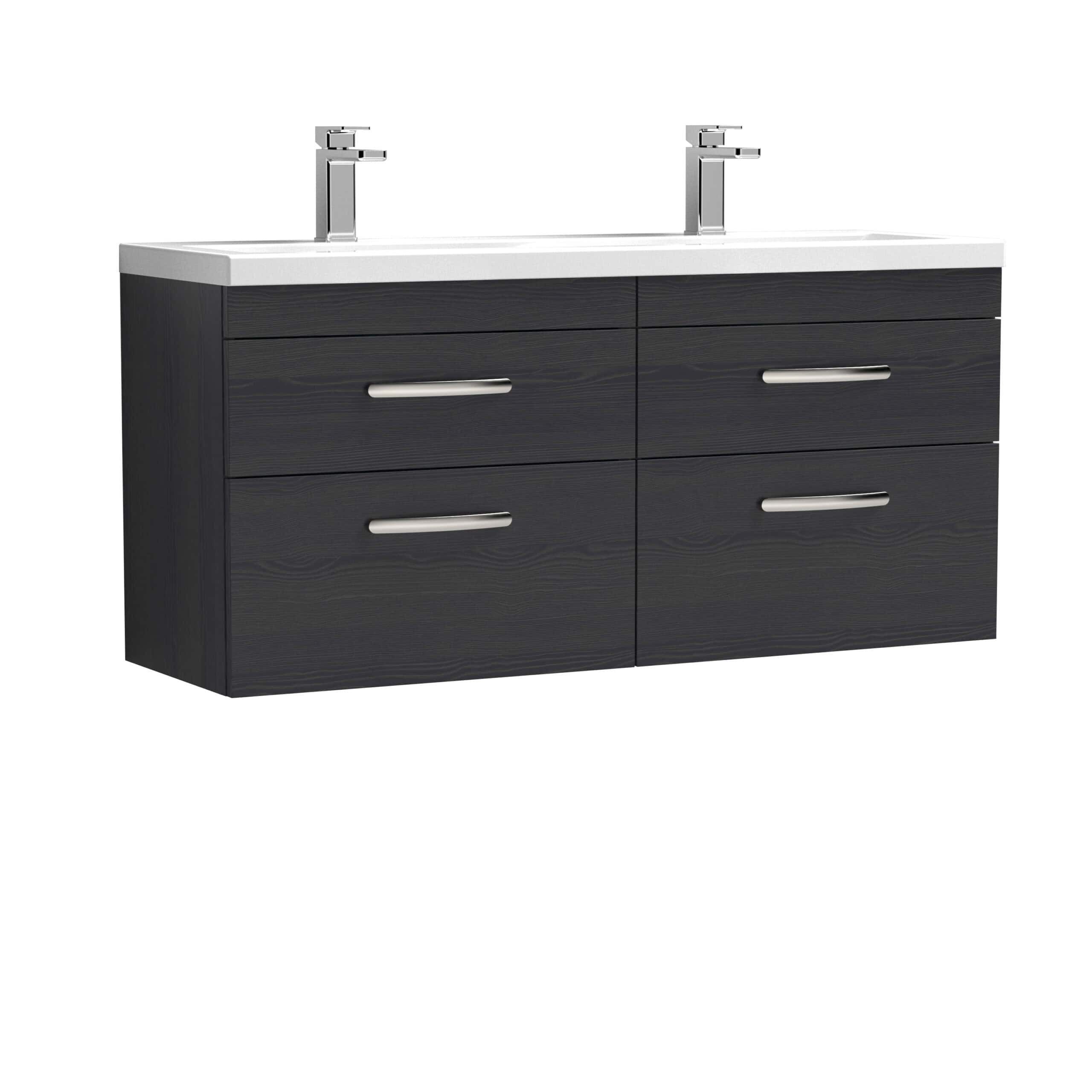 Dark wood bathroom vanity with two sinks and contemporary chrome handles for modern bathroom design. Ideal for stylish and functional bathroom storage.