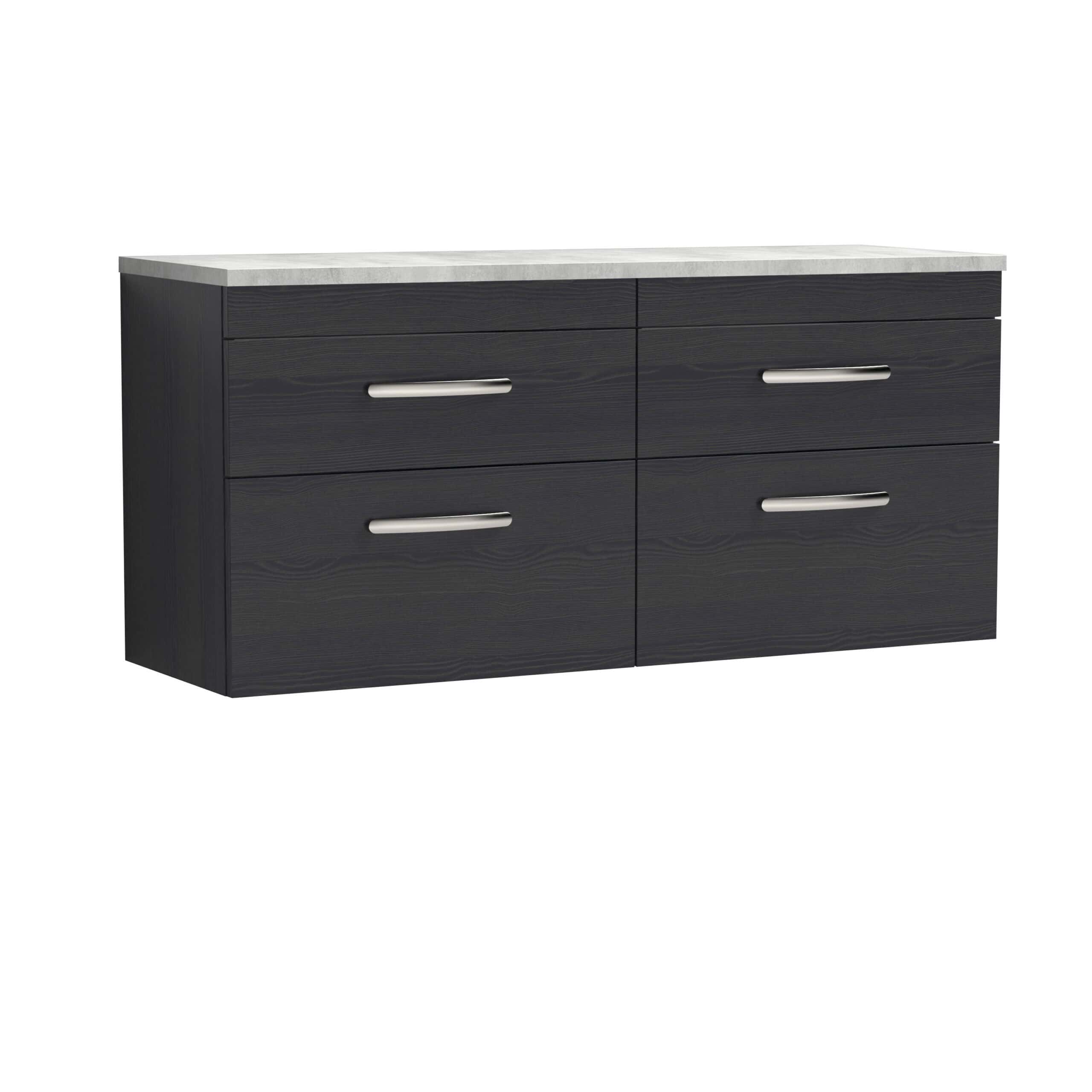Contemporary black bathroom vanity unit with six drawers and a white countertop, ideal for modern bathroom storage and organisation.