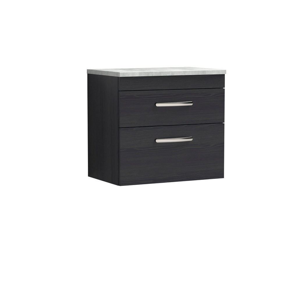 Black bathroom vanity cabinet with two drawers and modern silver handles, ideal for contemporary bathroom storage solutions.