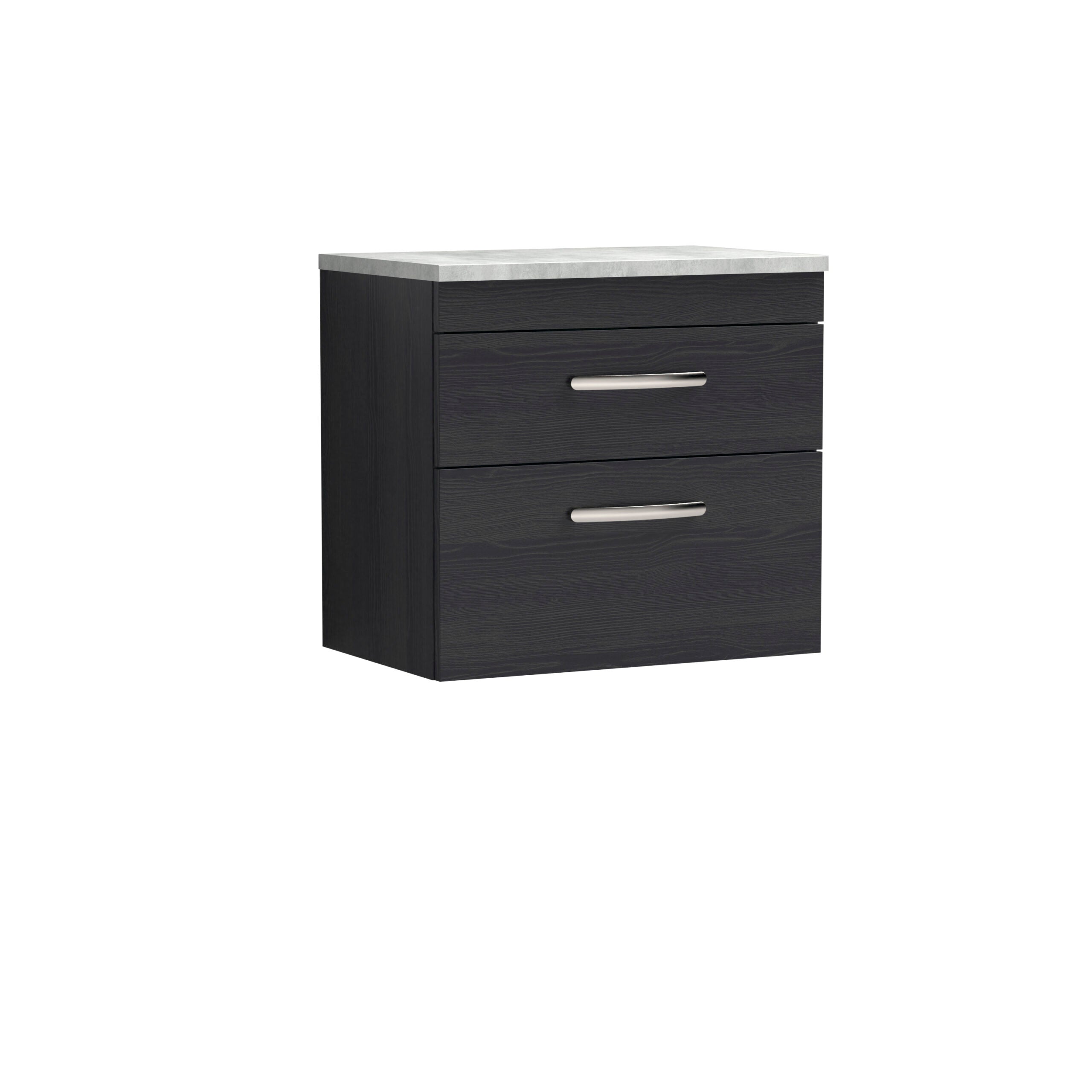 Black bathroom vanity cabinet with two drawers and modern silver handles, ideal for contemporary bathroom storage solutions.