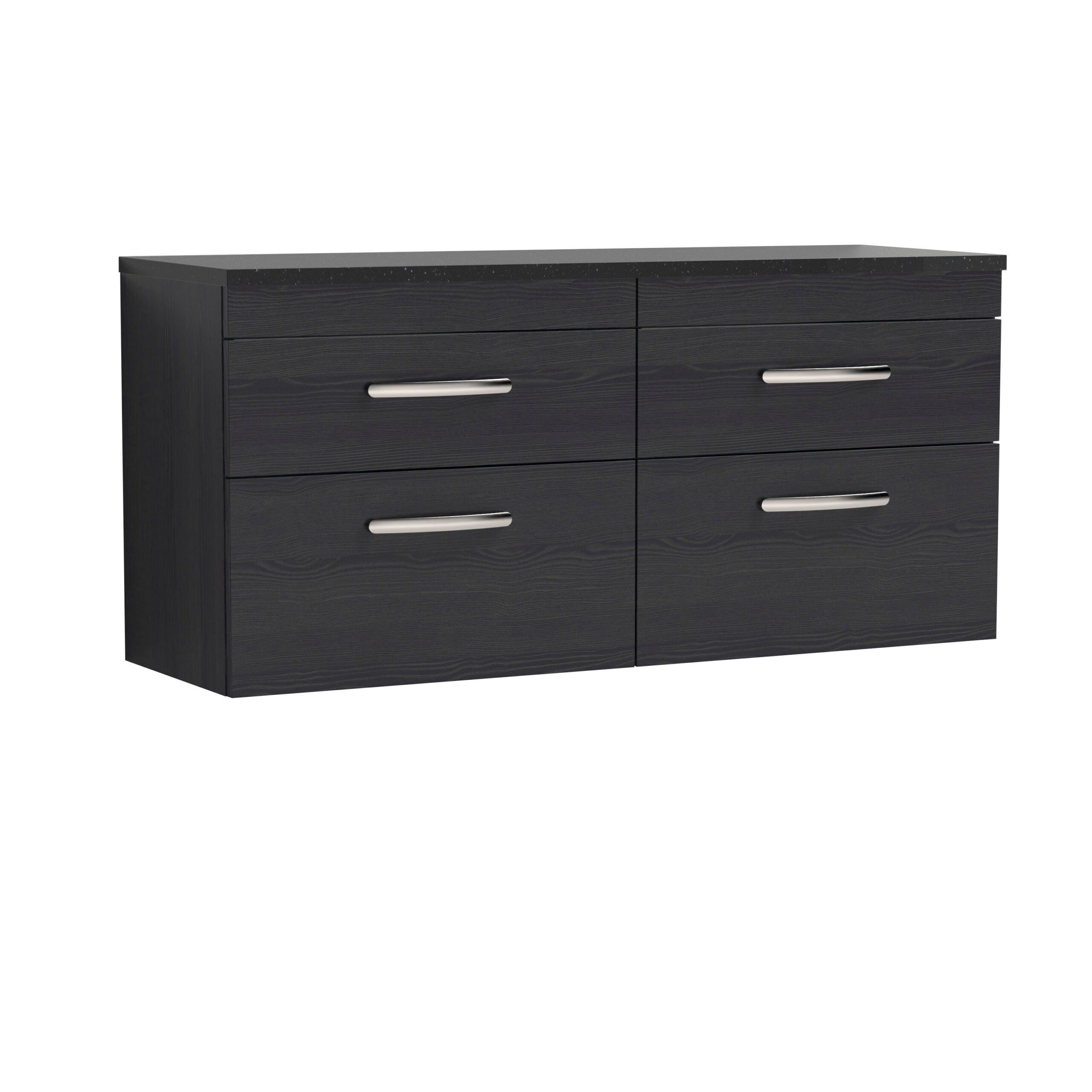 Dark wood bathroom sideboard with four drawers and sleek silver handles, ideal for bathroom storage and organisation. Modern design suitable for contemporary bathrooms.