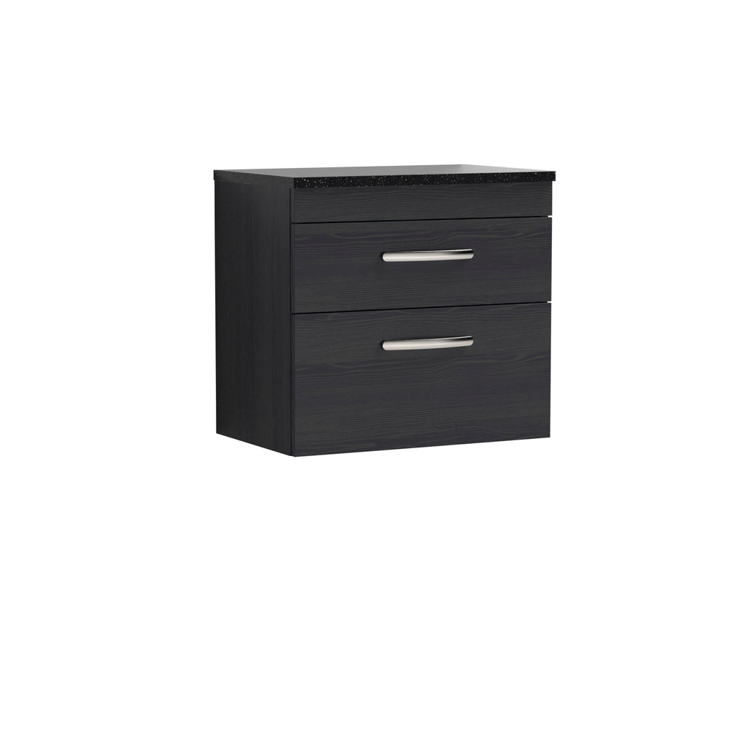 Stylish black bathroom vanity unit with two drawers and modern silver handles, designed for contemporary bathrooms with sleek storage solutions.