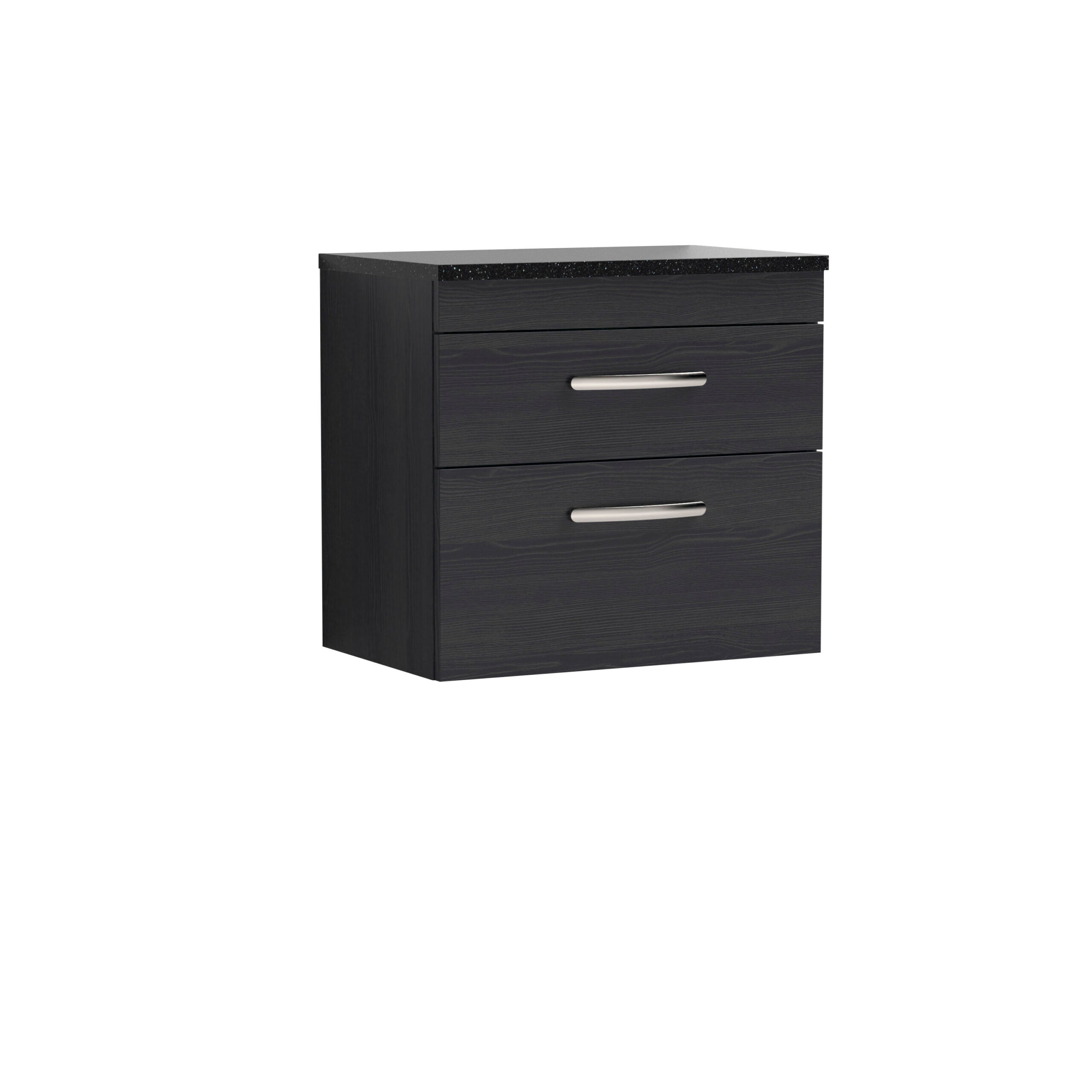 Stylish black bathroom vanity unit with two drawers and modern silver handles, designed for contemporary bathrooms with sleek storage solutions.