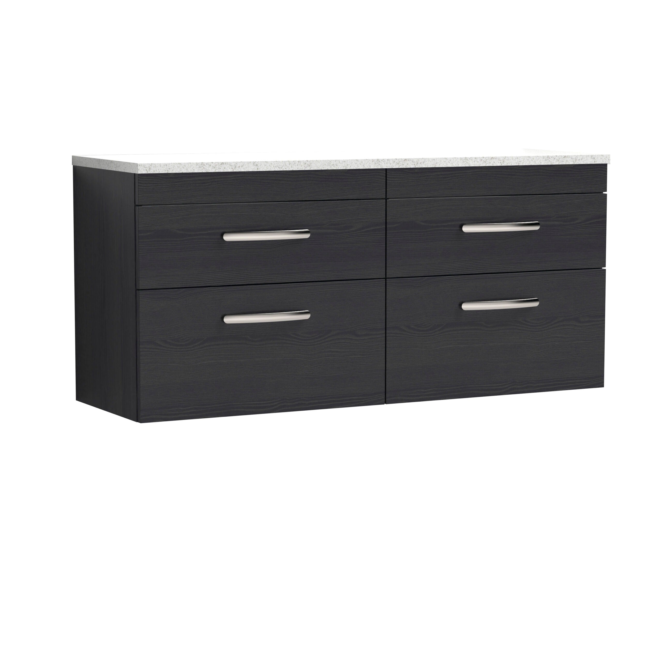 Stylish black bathroom vanity unit with a white countertop, featuring four drawers with sleek silver handles, ideal for modern bathrooms.