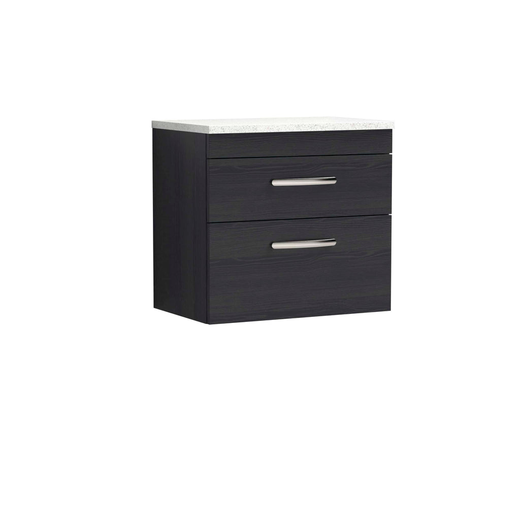 Sleek black bathroom vanity unit with two drawers and silver handles, topped with a white countertop, ideal for modern bathroom storage solutions.