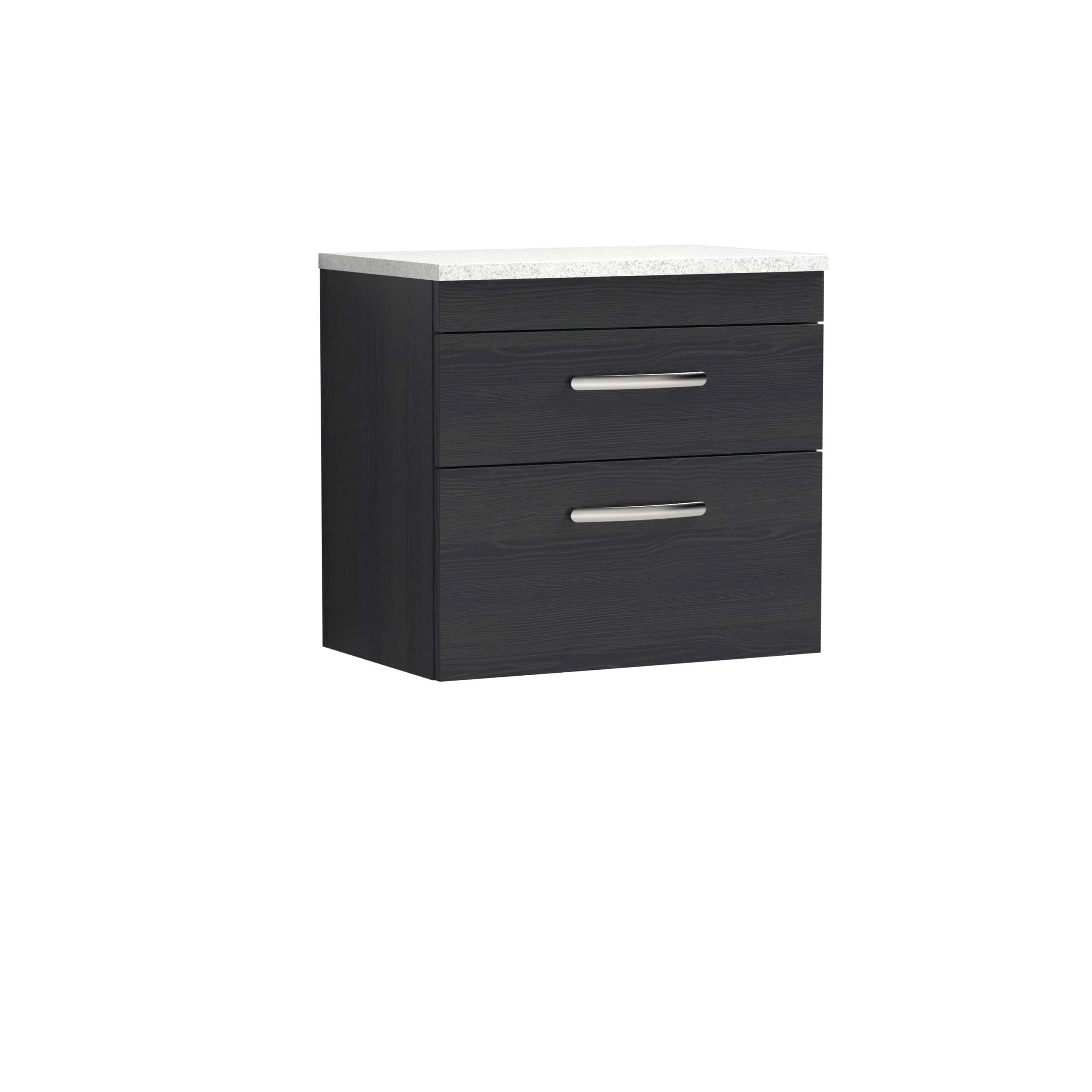 Sleek black bathroom vanity unit with two drawers and silver handles, topped with a white countertop, ideal for modern bathroom storage solutions.