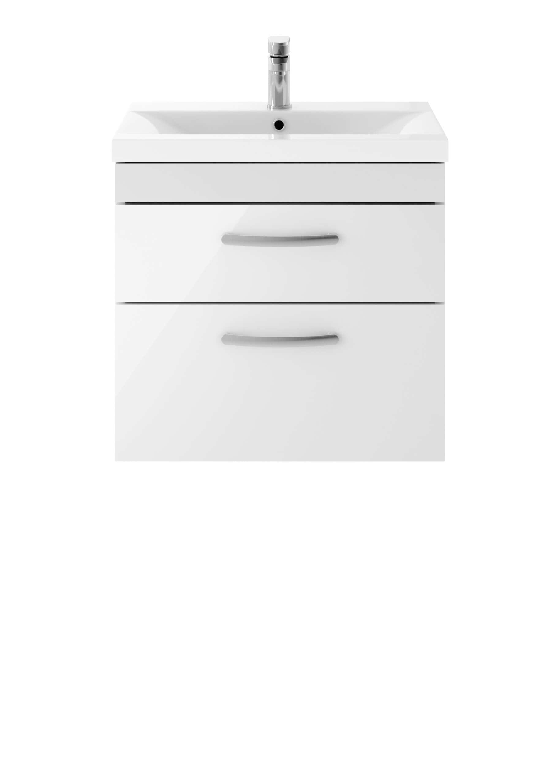 White bathroom vanity with integrated sink and modern chrome faucet, perfect for contemporary bathroom design. Features sleek drawers with silver handles for stylish storage solutions.