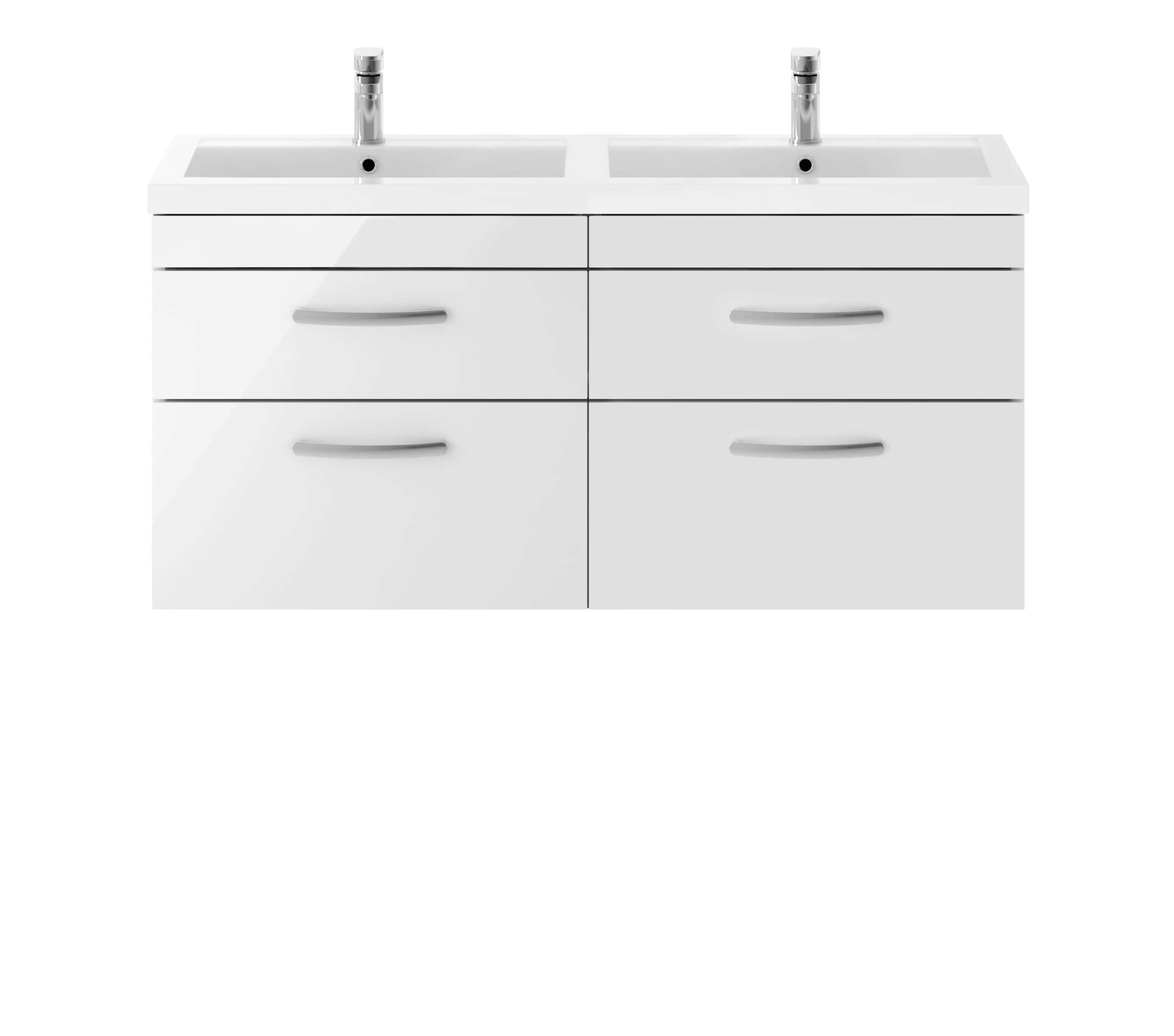 Modern white double bathroom vanity unit with dual sinks and chrome taps, ideal for contemporary bathrooms, providing stylish storage and functional design.