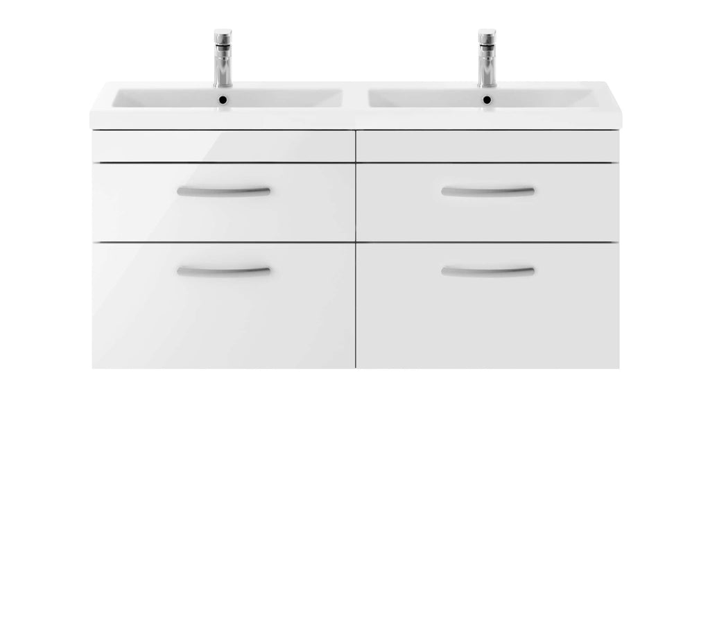 Sleek double bathroom vanity unit with integrated sinks and chrome taps, perfect for modern bathrooms and stylish storage solutions.