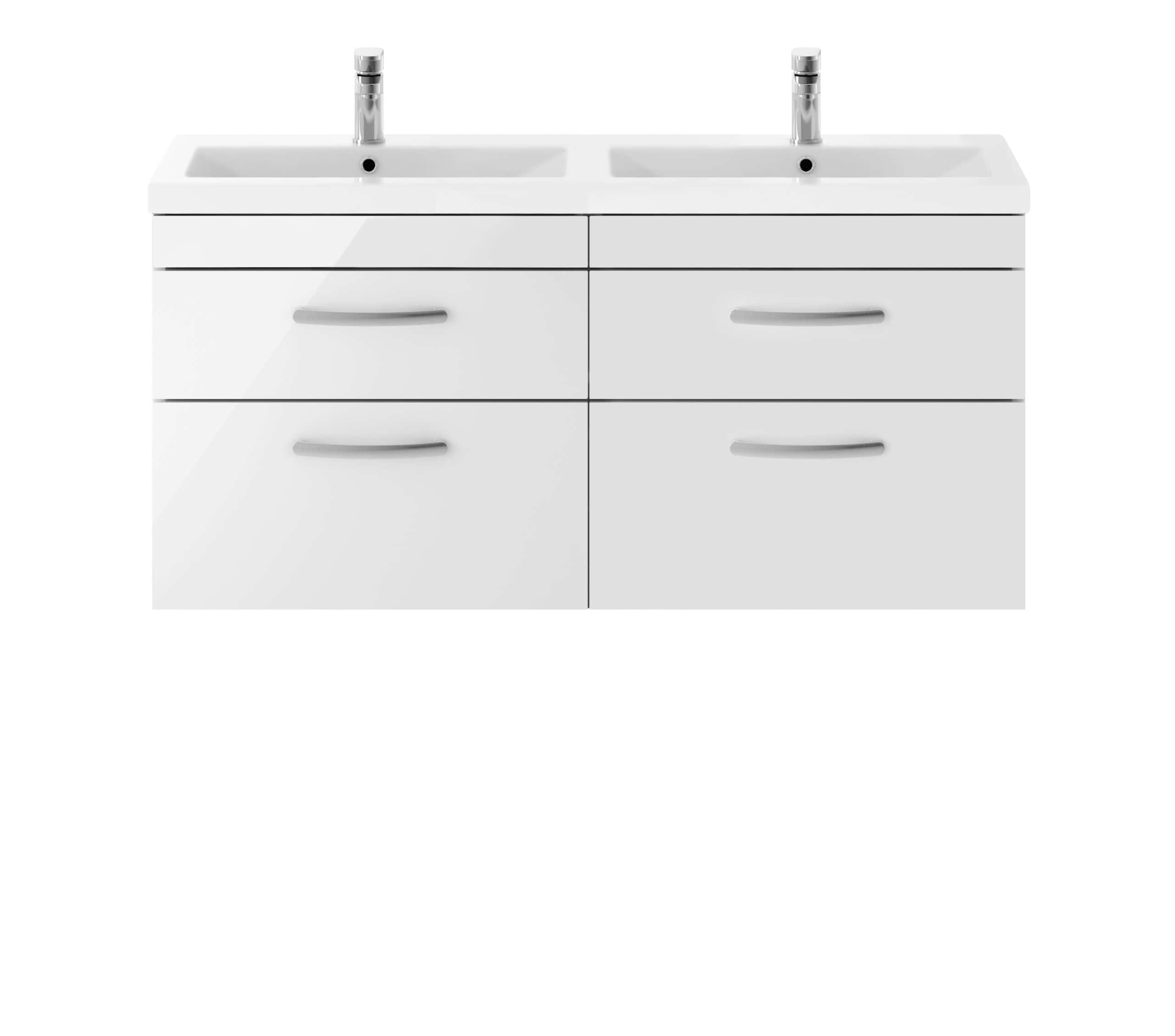 Sleek double bathroom vanity unit with integrated sinks and chrome taps, perfect for modern bathrooms and stylish storage solutions.