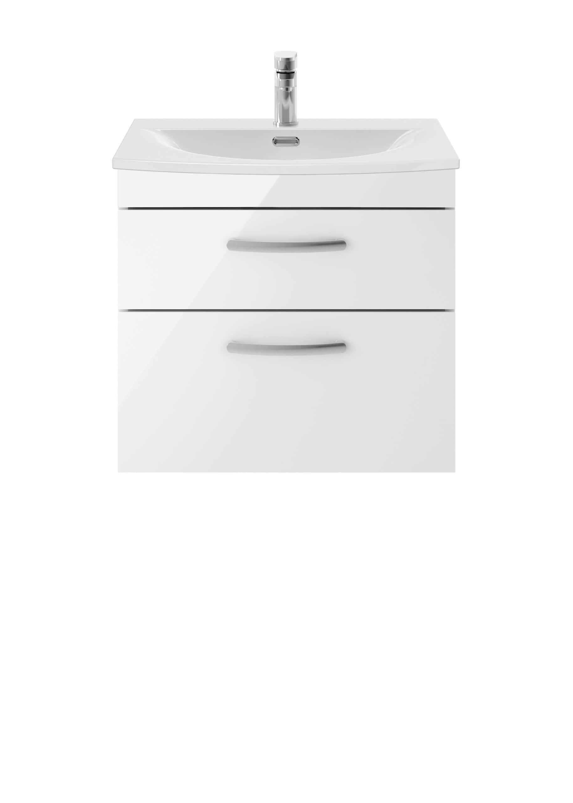 White bathroom vanity with integrated sink and chrome faucet, featuring two drawers for storage, ideal for modern bathroom organisation and sleek design.