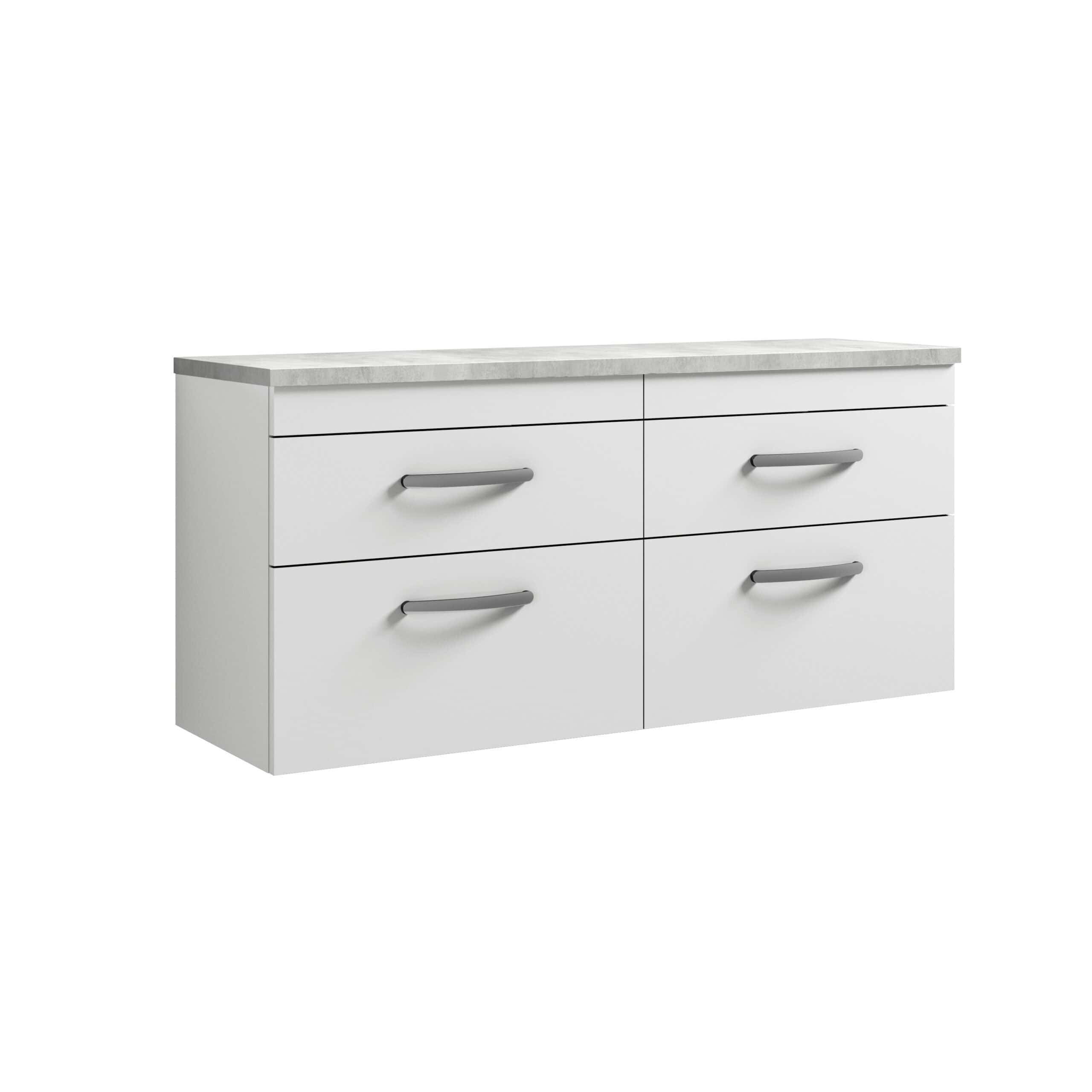 Modern white bathroom vanity with six drawers and grey handles, topped with a light grey countertop, ideal for contemporary bathroom storage solutions.
