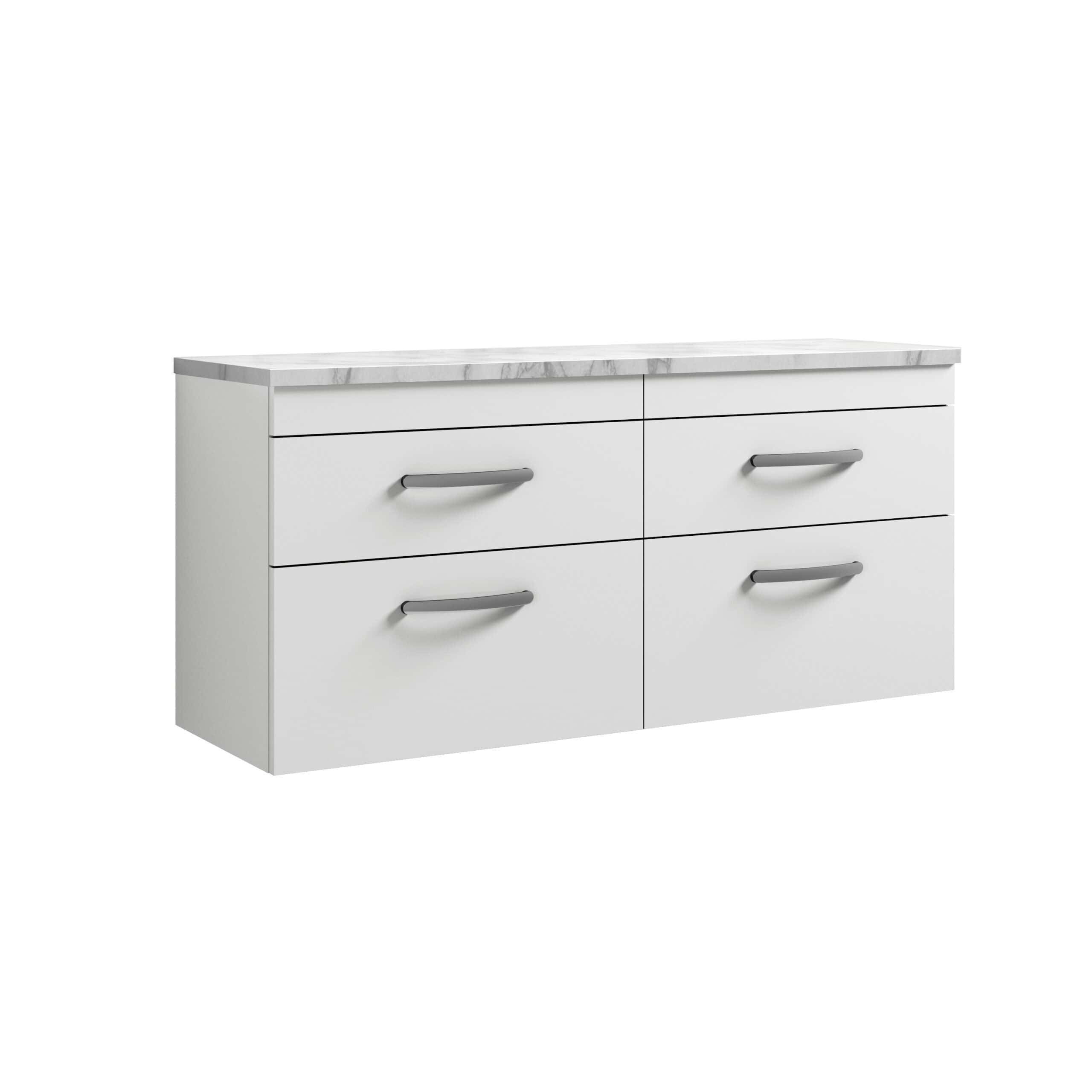 Sleek white bathroom vanity with six spacious drawers and a marble countertop, perfect for modern bathroom storage solutions. Durable, stylish design ideal for contemporary bathroom interiors.
