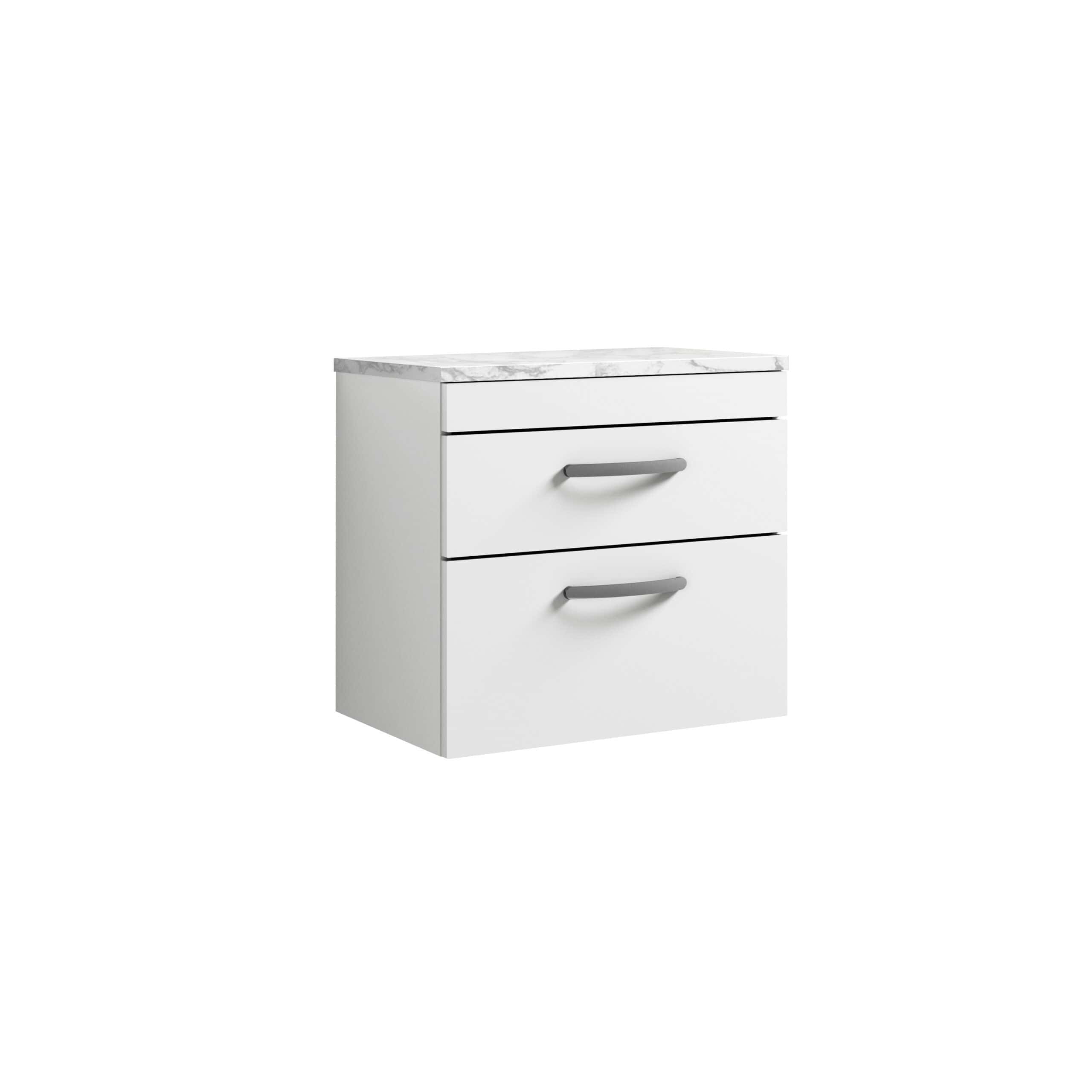 Modern white bathroom vanity unit with marble top and dual storage drawers, perfect for contemporary bathroom decor.