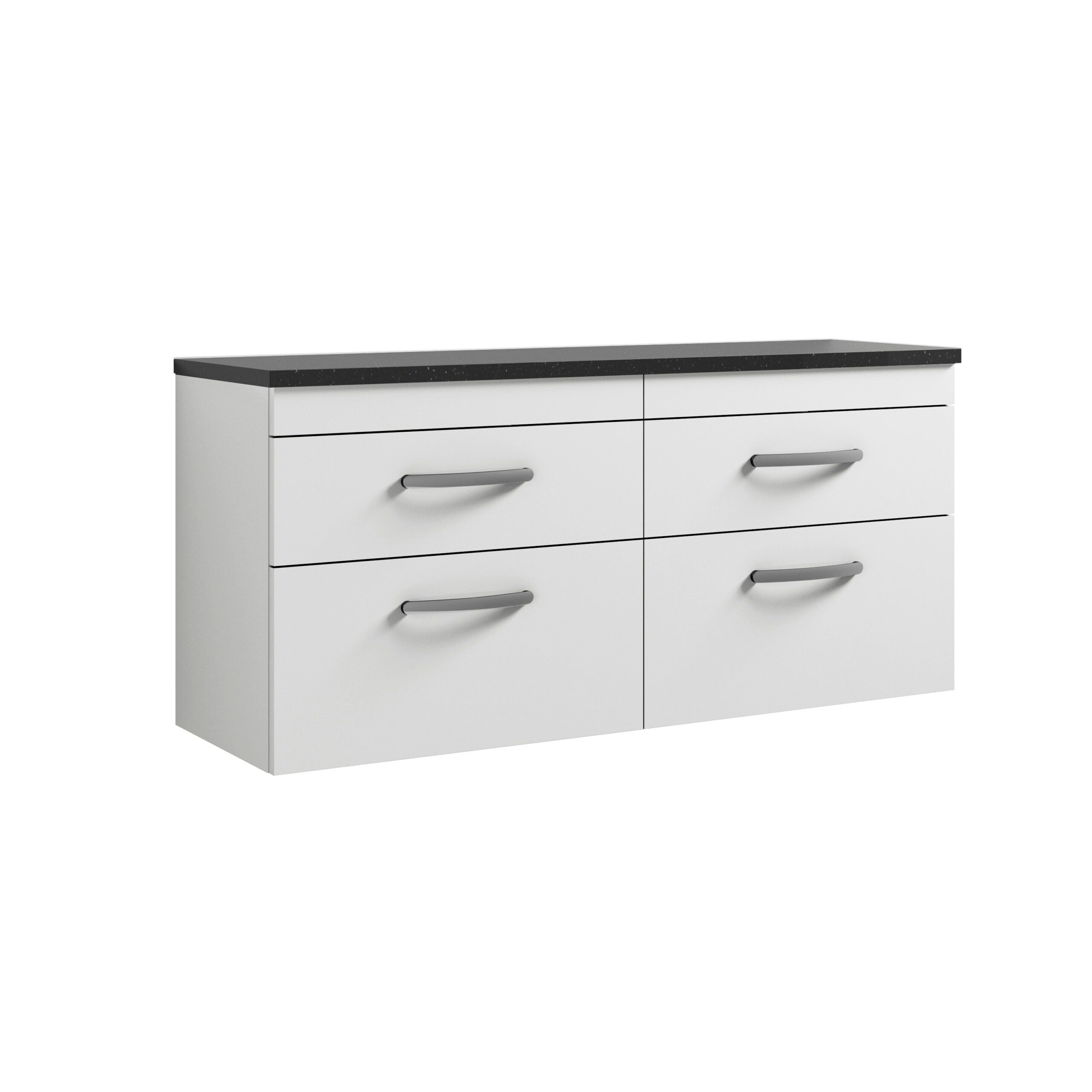 Sleek white bathroom vanity unit with four drawers and grey handles, black speckled countertop, modern bathroom furniture for stylish bathroom storage and organisation.